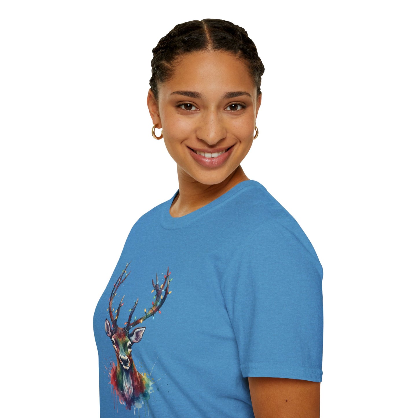 Christmas Deer Shirt, Watercolor Buck T-Shirt, Deer With Christmas Lights Tee, Holiday Wildlife Art Shirt, Colorful Deer Head Xmas Tee