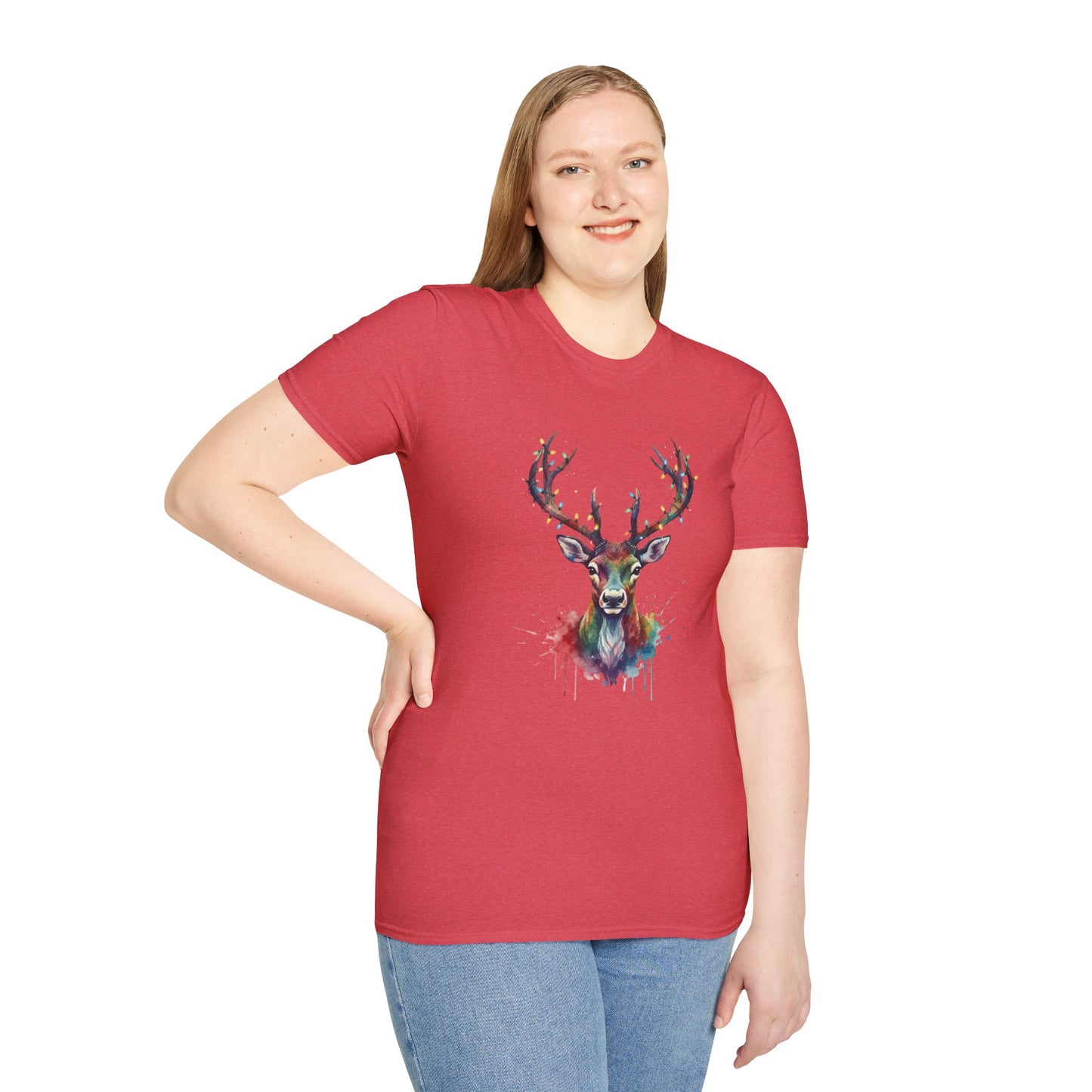 Christmas Deer Shirt, Watercolor Buck T-Shirt, Deer With Christmas Lights Tee, Holiday Wildlife Art Shirt, Colorful Deer Head Xmas Tee