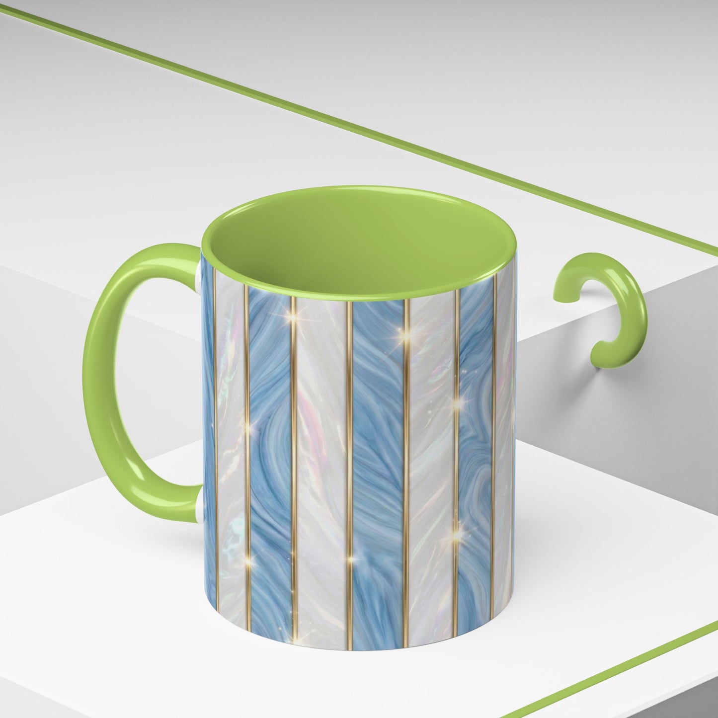 Faux Stained Glass Mug, Blue Pearlescent Coffee Cup, Art Deco Stained Glass Decor, Elegant Gold Stripe Teacup, Unique Art Gift For Her