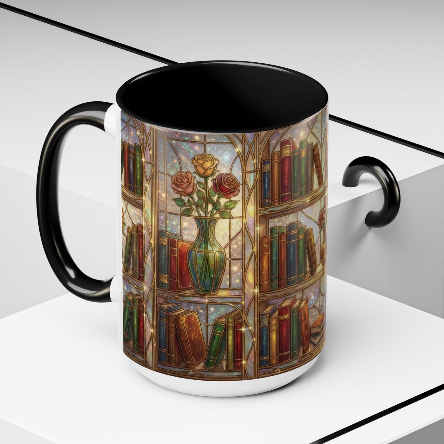Stained Glass Books Mug, Book Lover Coffee Mug, Cozy Library Mug, Bookish Gift For Readers, Dark Academia Mug, Floral Bookshelf Cup