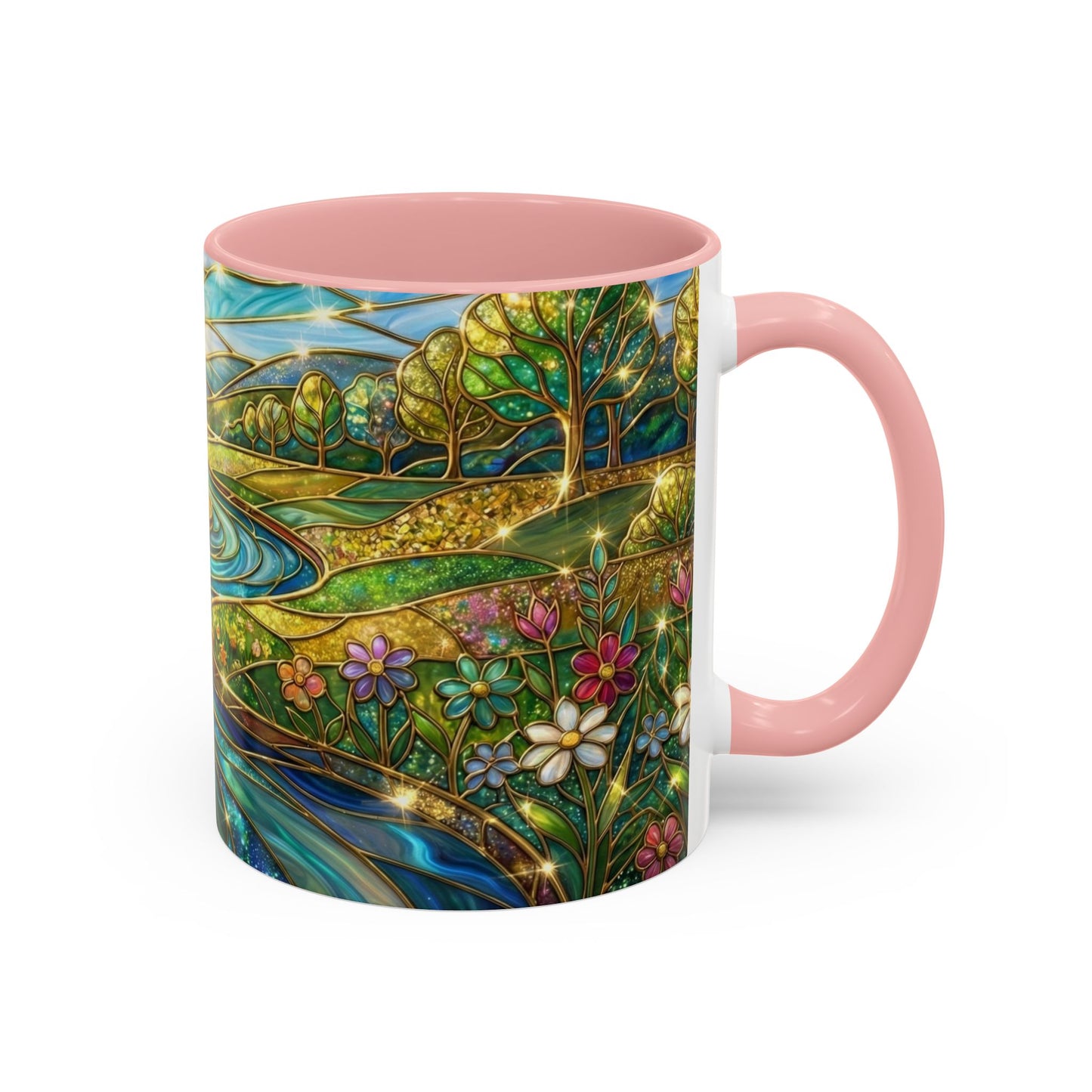 Stained Glass Mug, River Landscape Coffee Cup, Nature Lover Gift, Floral Tea Mug, Gardener Present, Art Teacher Gift, Colorful Scenery Cup