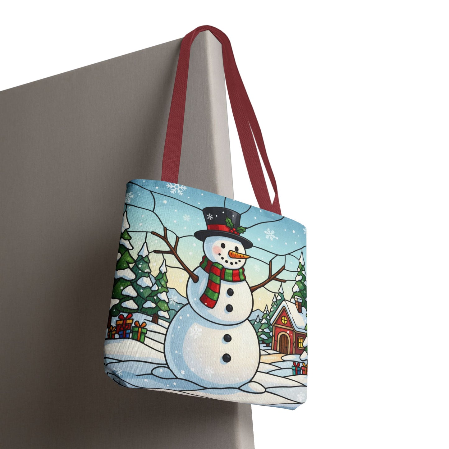 Stained Glass Snowman Christmas Tote Bag, Holiday Art Tote, Festive Winter Gift Bag, Colorful Christmas Scene Reusable Shopping Bag