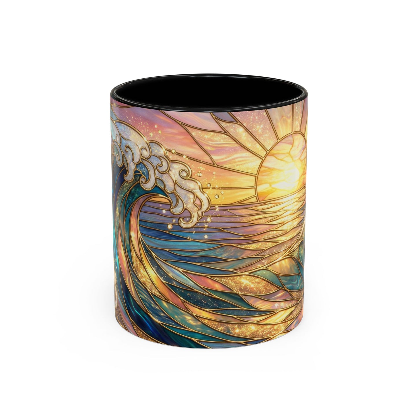 Stained Glass Ocean Wave Mug, Sunrise Beach Coffee Cup, Japanese Art Gift, Coastal Decor Kitchen, Mosaic Sea Tea Cup, Blue Gold Nature Lover