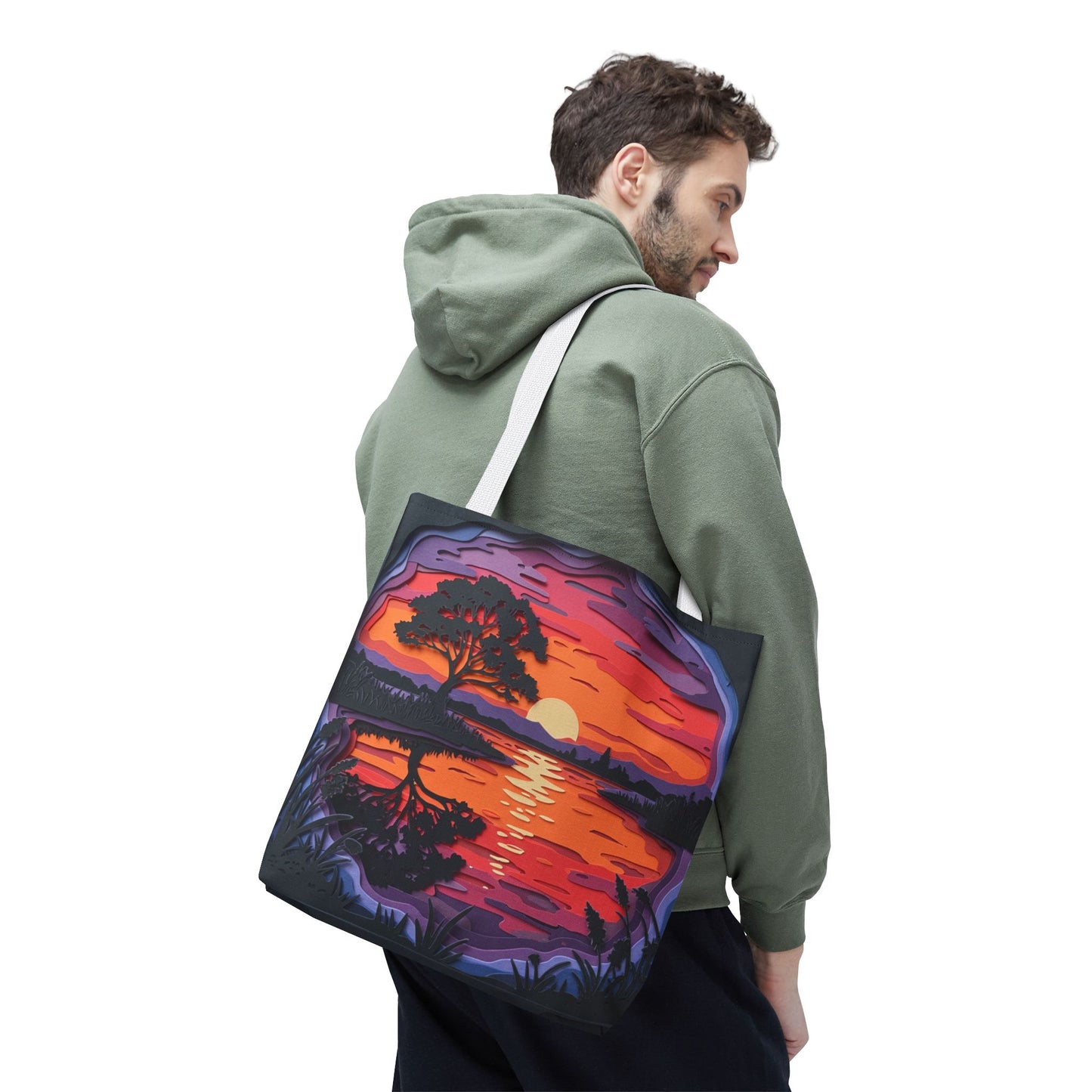 Sunset Landscape Canvas Tote Bag – Paper‑Art Inspired Nature Scene Tote – Colorful Sunset Market Tote, Eco Reusable Beach Bag, Vibrant Gift for Her