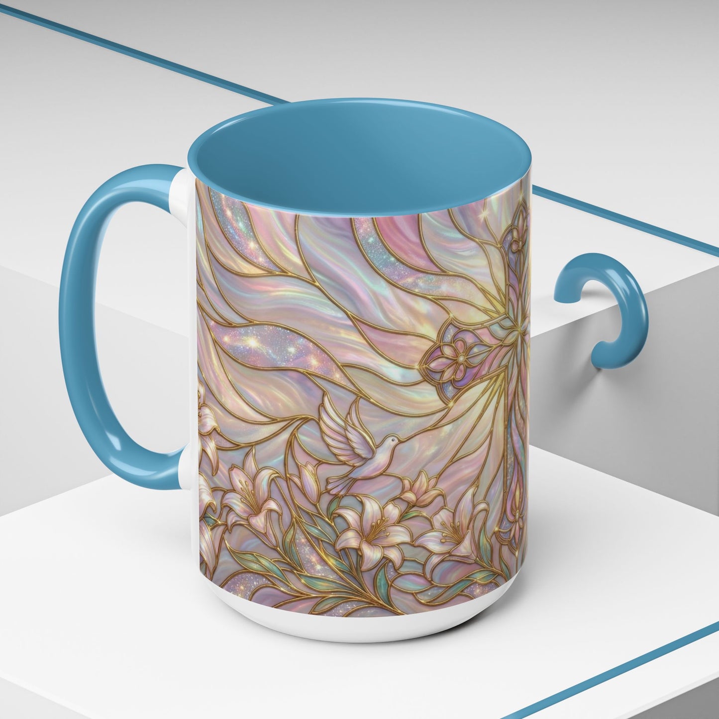 Stained Glass Cross Mug, Easter Lily Coffee Cup, Christian Gift for Women, Pastel Religious Drinkware, Dove and Faith Cup, Spiritual