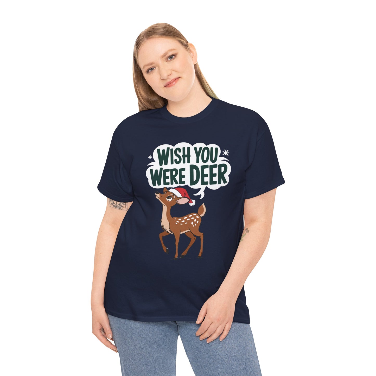 Wish You Were Deer Funny Christmas T-Shirt, Cute Reindeer Holiday Tee, Pun Christmas Shirt, Festive Santa Hat Deer Graphic Tee Gift