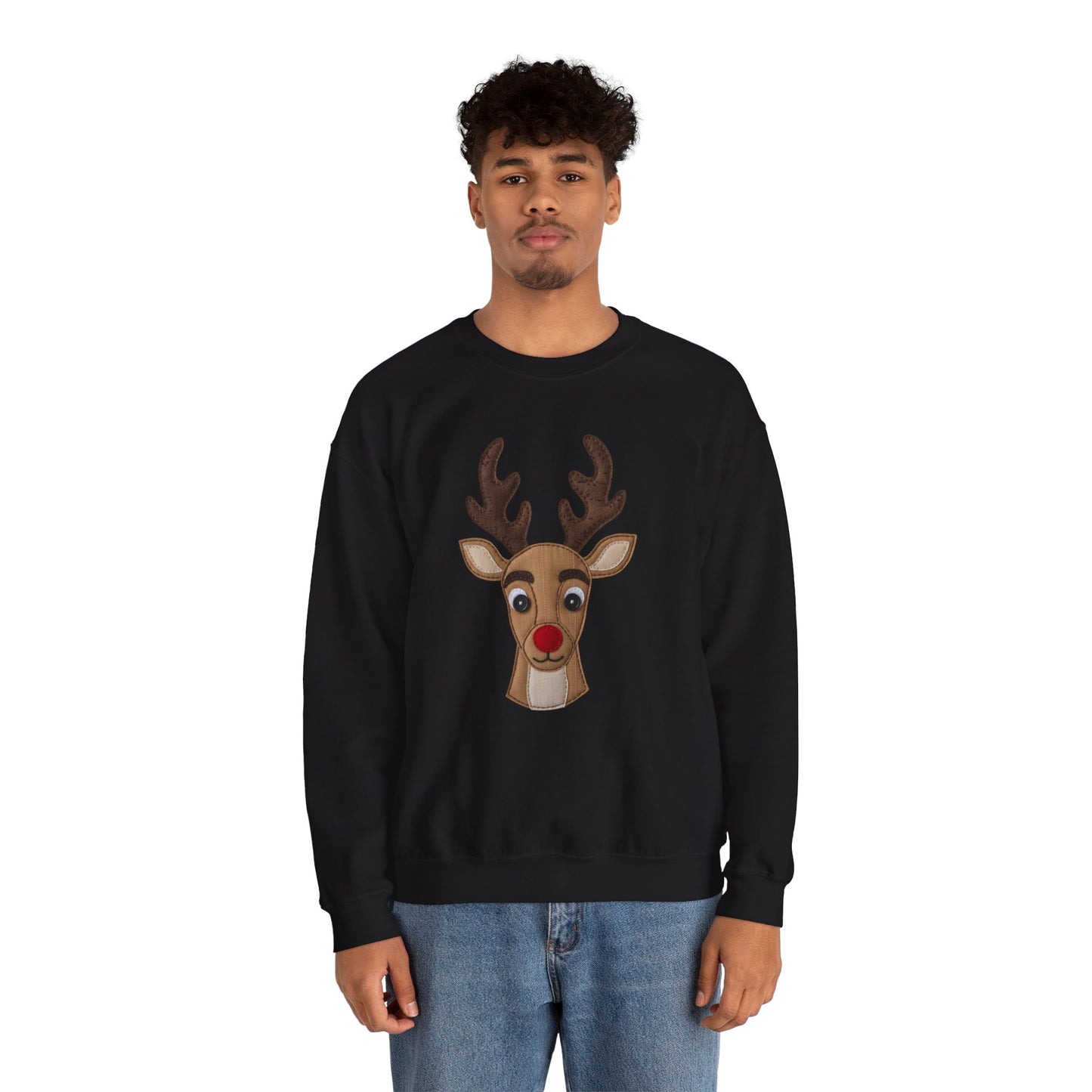 Faux Patchwork Rudolph Sweatshirt, Cute Reindeer Christmas Crewneck, Cozy Holiday Pullover, Winter Reindeer Sweater, Xmas Gift for Women