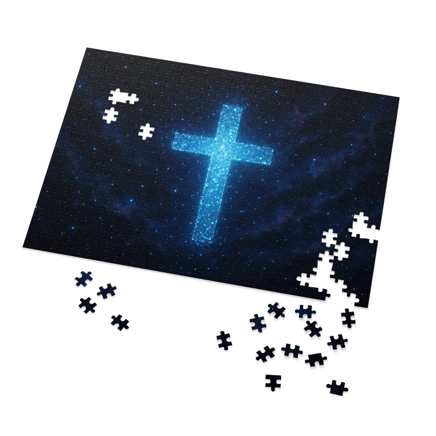 Jigsaw Puzzle: Bioluminescent Cross Design Christian Game Inspirational Puzzle Spiritual Jigsaw Gift for Believers