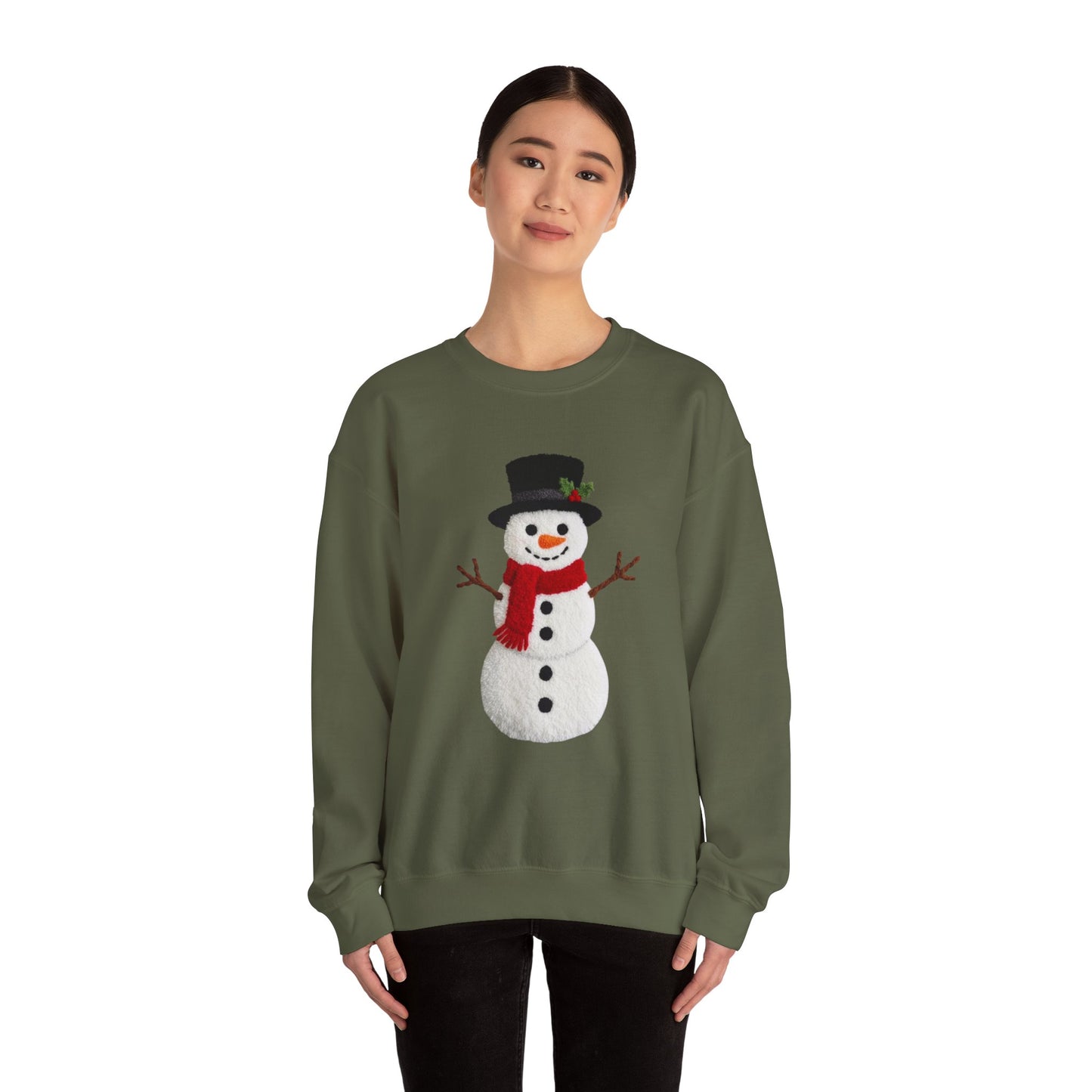 Faux Patchwork Crochet Snowman Sweatshirt, Winter Snowman Crewneck, Cozy Holiday Sweater, Christmas Sweatshirt, Festive Winter Shirt, unisex gift