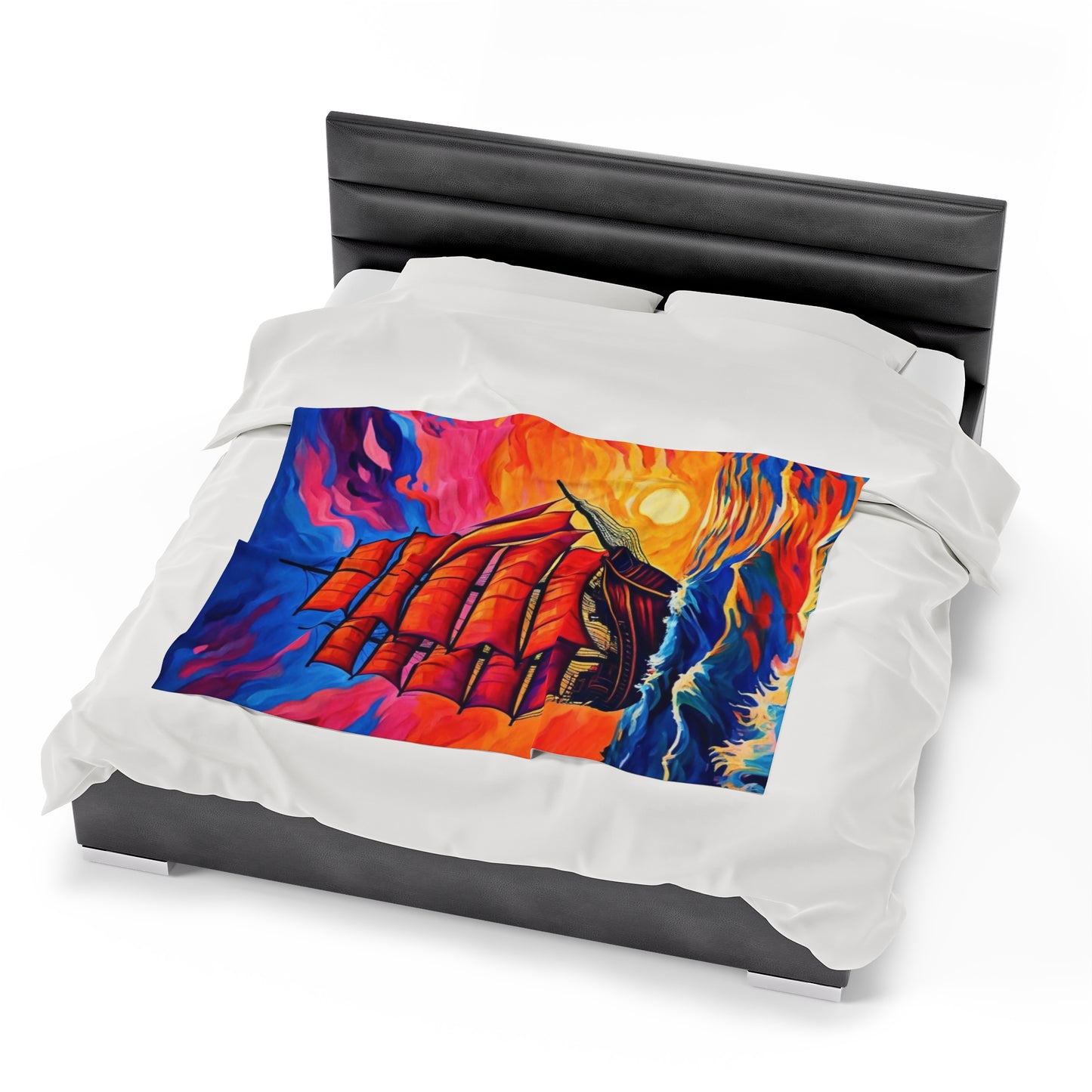 Plush Blanket - Sunset Ship Painting Design