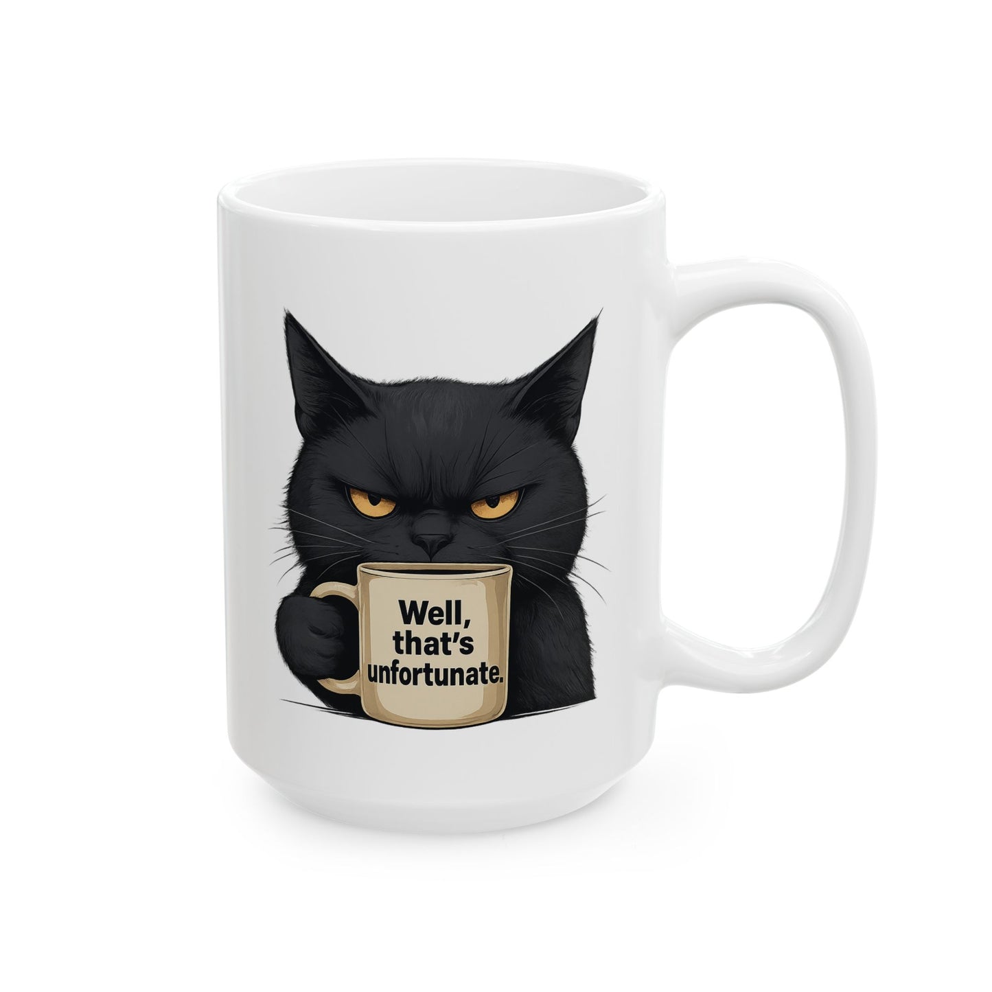 Sarcastic Black Cat Coffee Mug 11 oz or 15oz - “Well, thats unfortunate.” Funny Grumpy Cat Meme Gift, Office Humor, Tea Cup, Sarcasm Lover