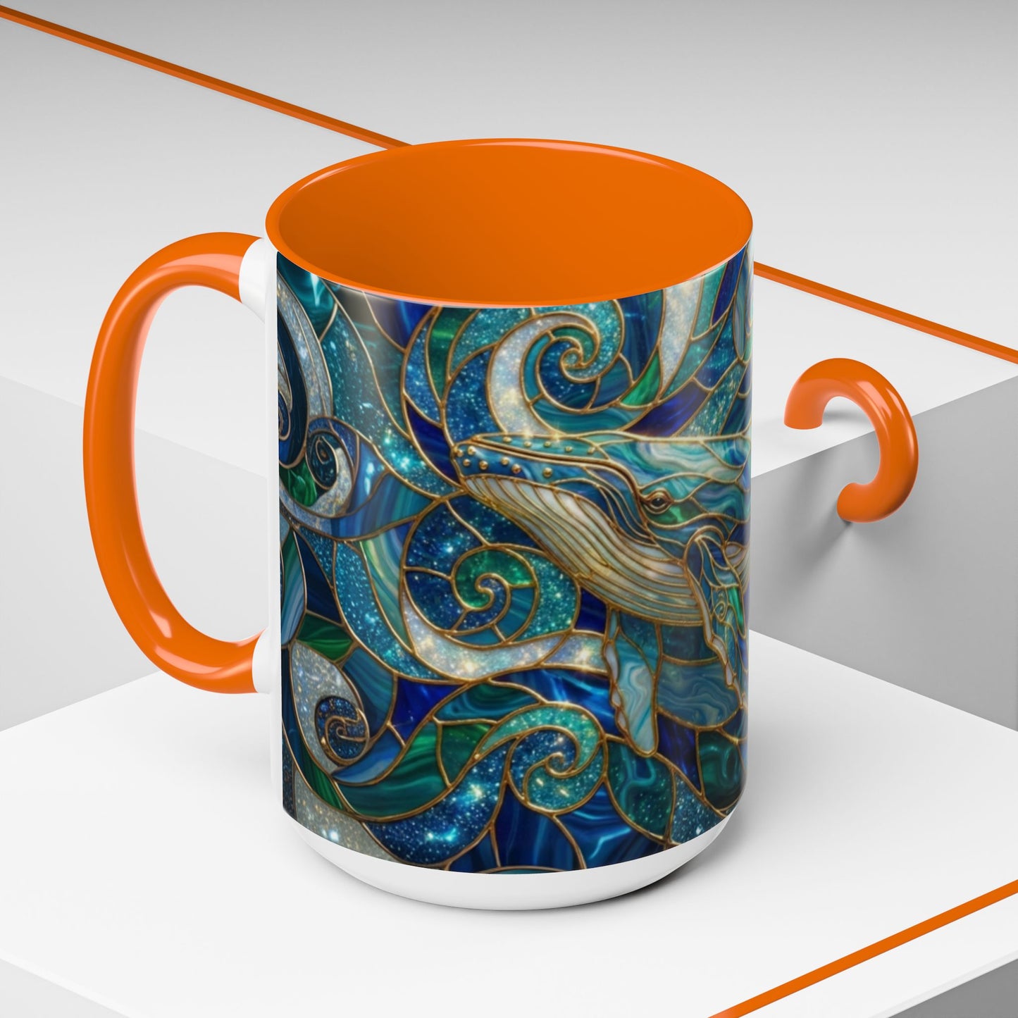 Stained Glass Whale Mug, Ocean Art Coffee Cup, Blue Sea Life Design, Nautical Gift For Ocean Lovers, Colorful Stained Glass Whale Cup