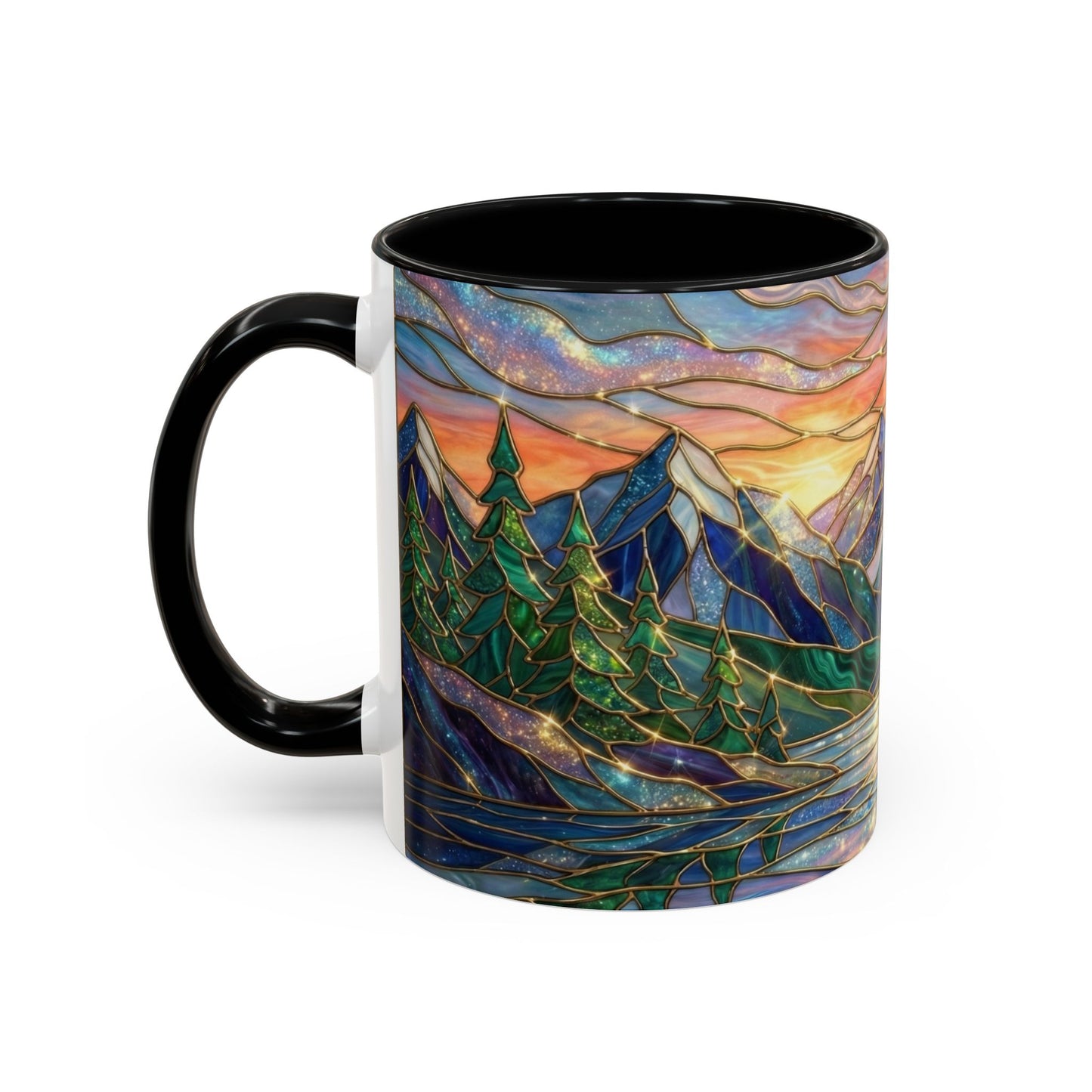 Stained Glass Mountain Mug, Sunset Mountain Landscape Coffee Cup, Nature Ceramic Mug With Forest And River, 11oz 15oz Gift