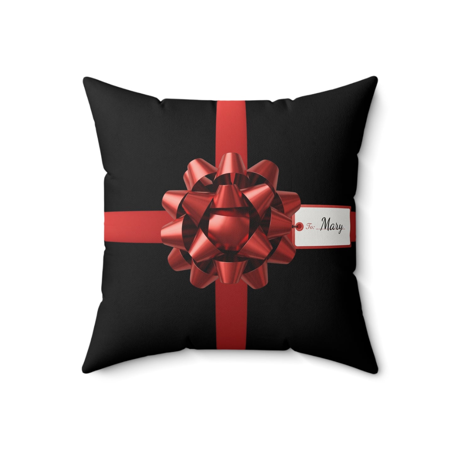 Custom Name Gift Wrap Pillow | Personalized Faux Suede Cushion | Holiday Red Bow Decor | Christmas Throw Pillow for Home or Gift