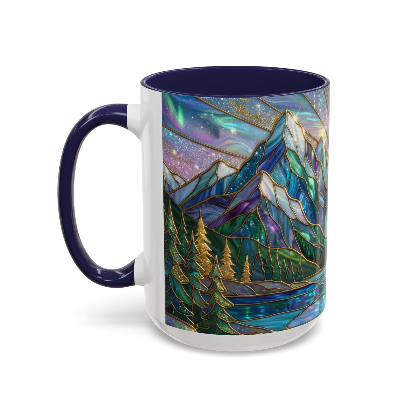 Stained Glass Mountain Mug, Mountain Landscape Coffee Cup, Galaxy Sky Nature Ceramic Mug, Sunrise River Forest Art, 11oz 15oz Gift