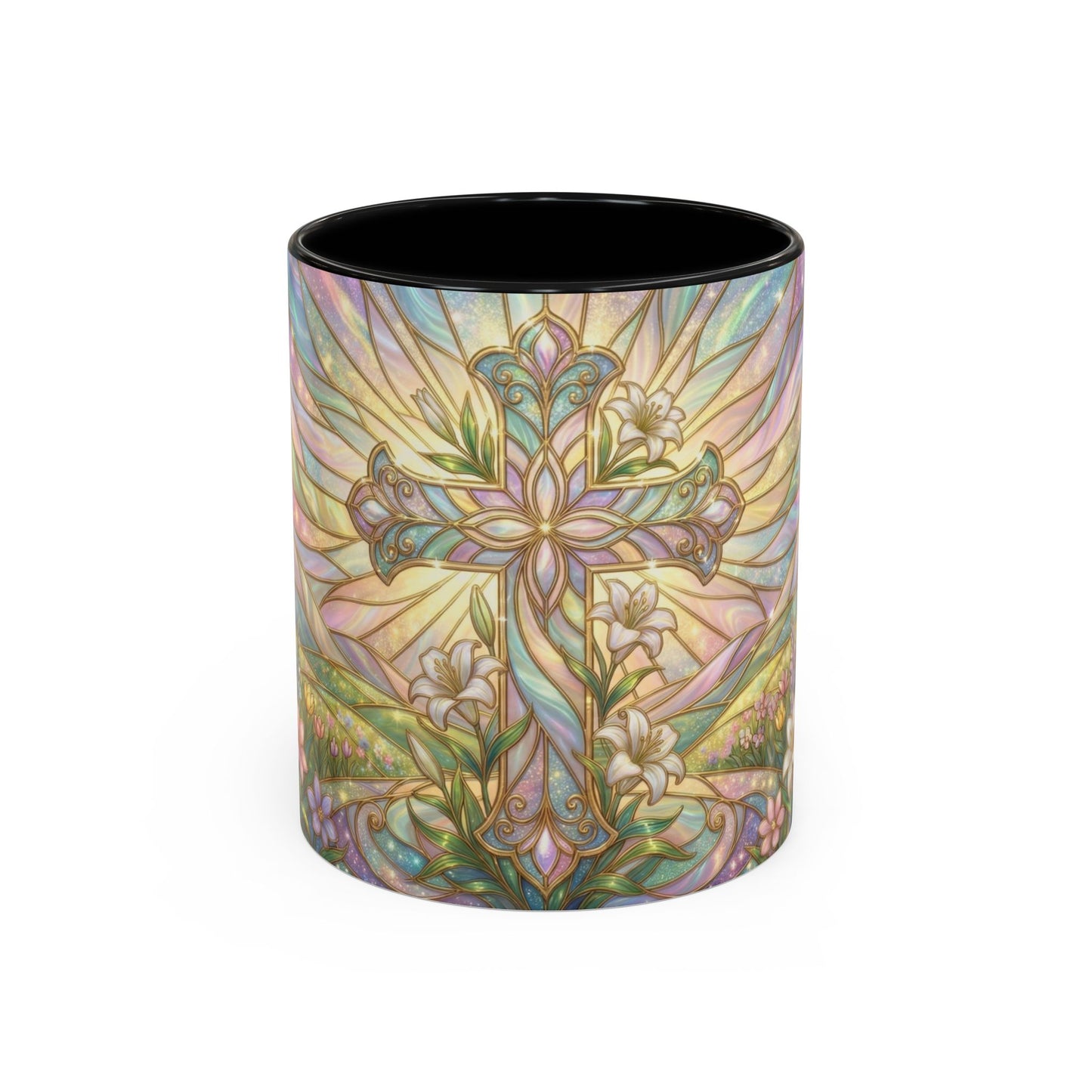 Stained Glass Cross Mug, Easter Lily Coffee Cup, Christian Religious Gift, Pastel Floral Faith Mug, Spring Believer Cup, Baptism Present