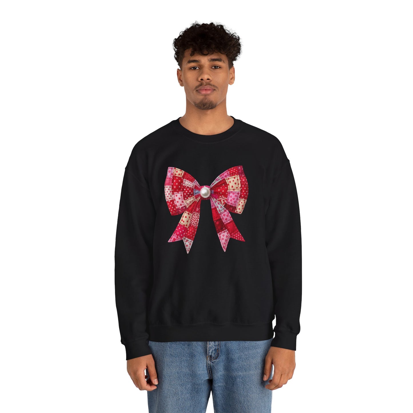 Faux Patchwork Bow Sweatshirt, Quilted Look Bow Crewneck, Pearl Bow Pullover, Cozy Coquette Sweatshirt, Girly Valentine Gift