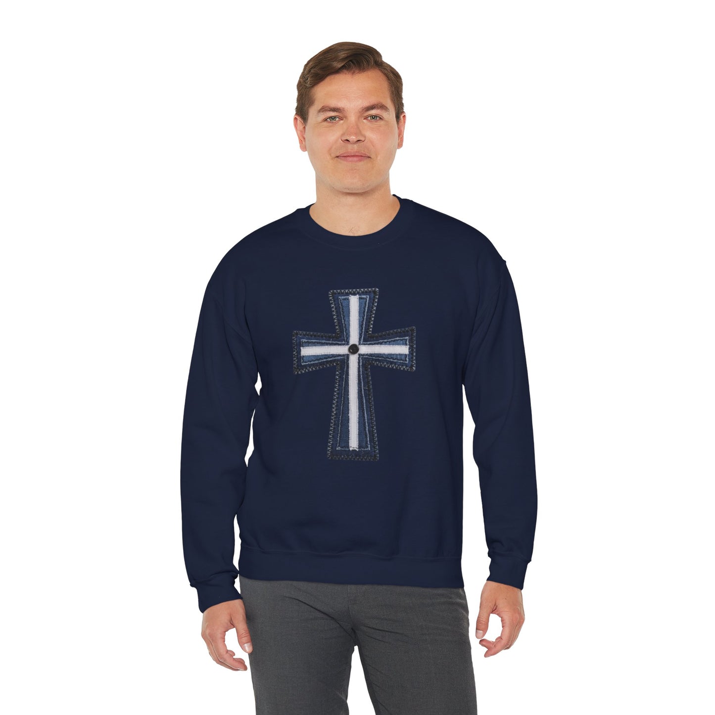 Faux Patchwork Cross Sweatshirt, Christian Patchwork Style Crewneck, Faith Gift for Women Men, Rustic Cross Sweatshirt, Religious Xmas Gift