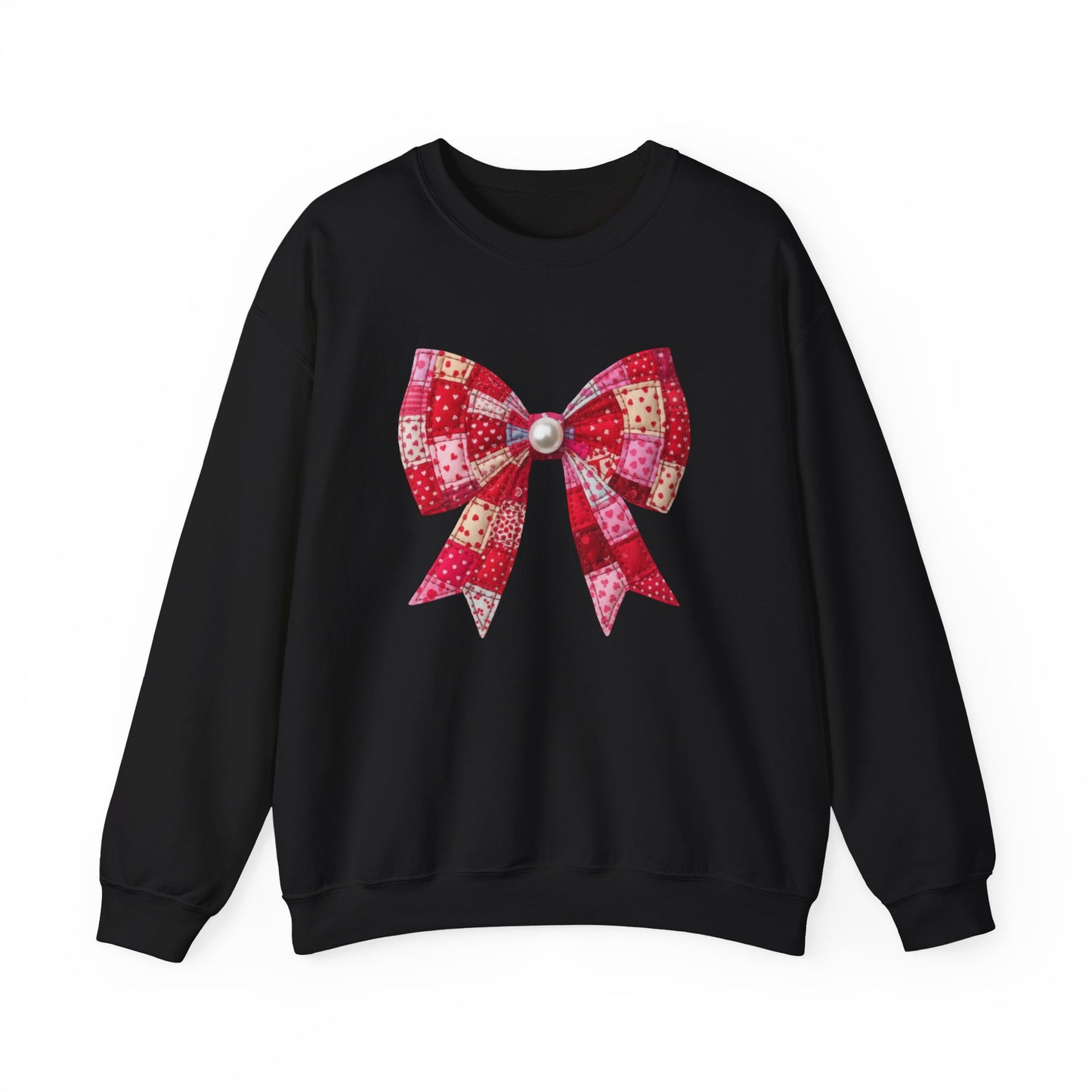 Faux Patchwork Bow Sweatshirt, Quilted Look Bow Crewneck, Pearl Bow Pullover, Cozy Coquette Sweatshirt, Girly Valentine Gift
