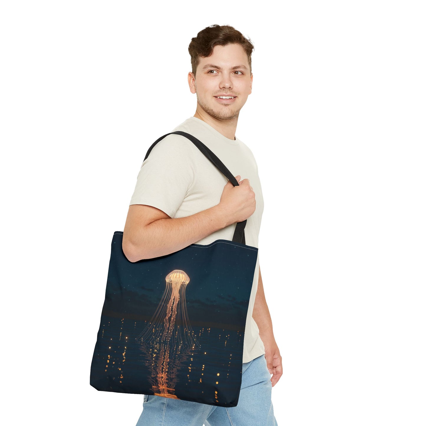 Luminous Jellyfish Tote Bag, Glow-Inspired Ocean Design Shoulder Bag, Durable Polyester Tote For Everyday Style, Gifts, And Coastal Fashion