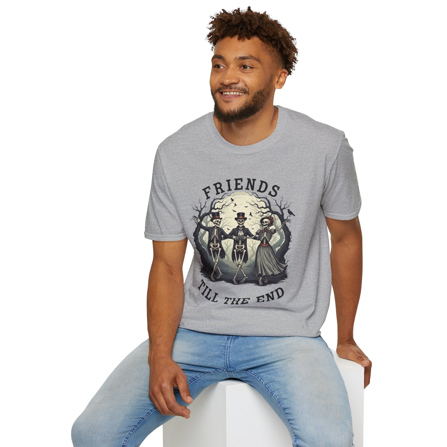 Friends Till The End Skeleton Tee | Dancing Skeleton Friends Shirt | Halloween Gothic BFF Gift | Unisex Heather Grey Graphic T-Shirt