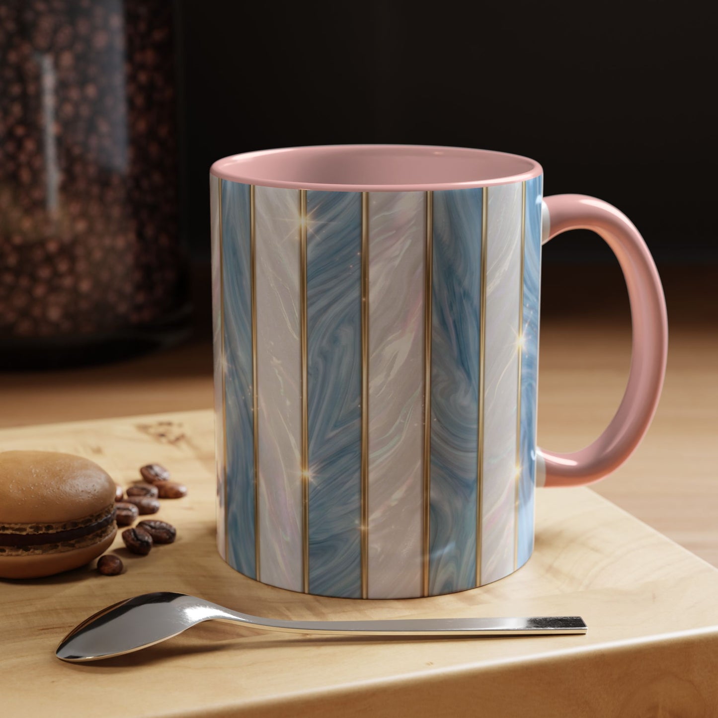 Faux Stained Glass Mug, Blue Pearlescent Coffee Cup, Art Deco Stained Glass Decor, Elegant Gold Stripe Teacup, Unique Art Gift For Her