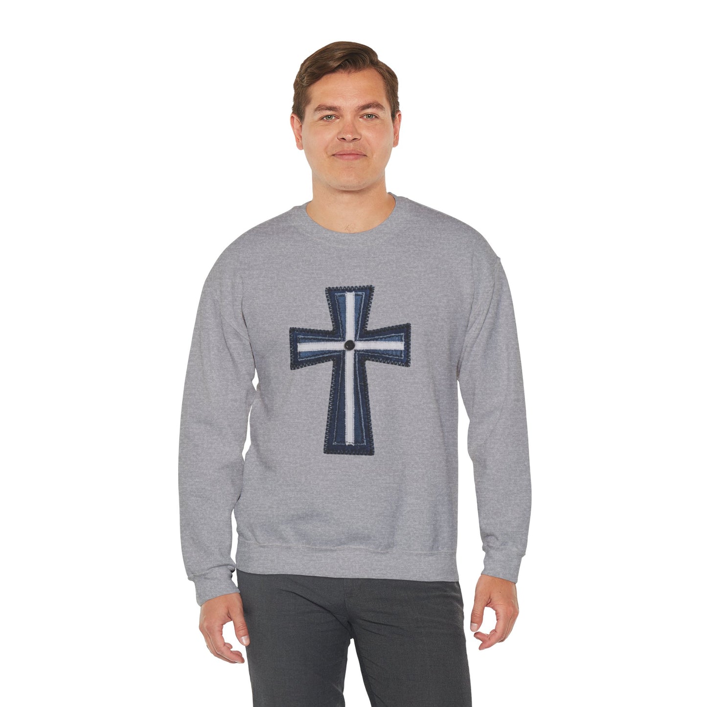 Faux Patchwork Cross Sweatshirt, Christian Patchwork Style Crewneck, Faith Gift for Women Men, Rustic Cross Sweatshirt, Religious Xmas Gift