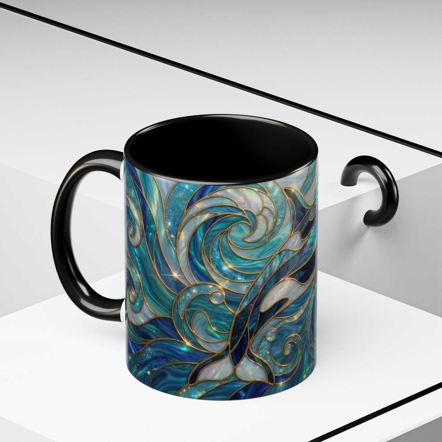Orca Whale Coffee Mug, Ocean Art Mug, Stained Glass Whale Design, Marine Life Gift, Ceramic Coffee Cup, 11oz 15oz Waves Mug, Coastal Decor