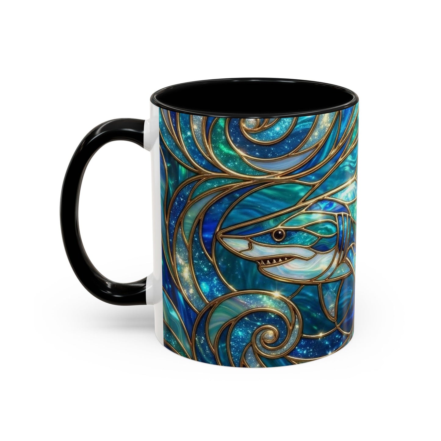 Stained Glass Shark Mug, Ocean Art Coffee Cup, Blue Shark Gift, Sea Life Ceramic Mug, Artistic Shark Design, Marine Lover Gift, Unique Ocean Mug