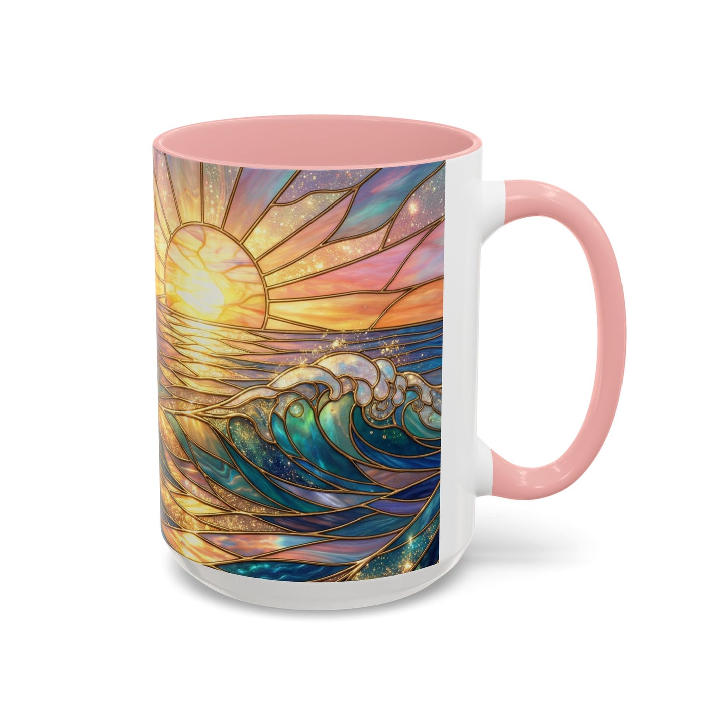 Stained Glass Ocean Wave Mug, Sunrise Beach Coffee Cup, Japanese Art Gift, Coastal Decor Kitchen, Mosaic Sea Tea Cup, Blue Gold Nature Lover