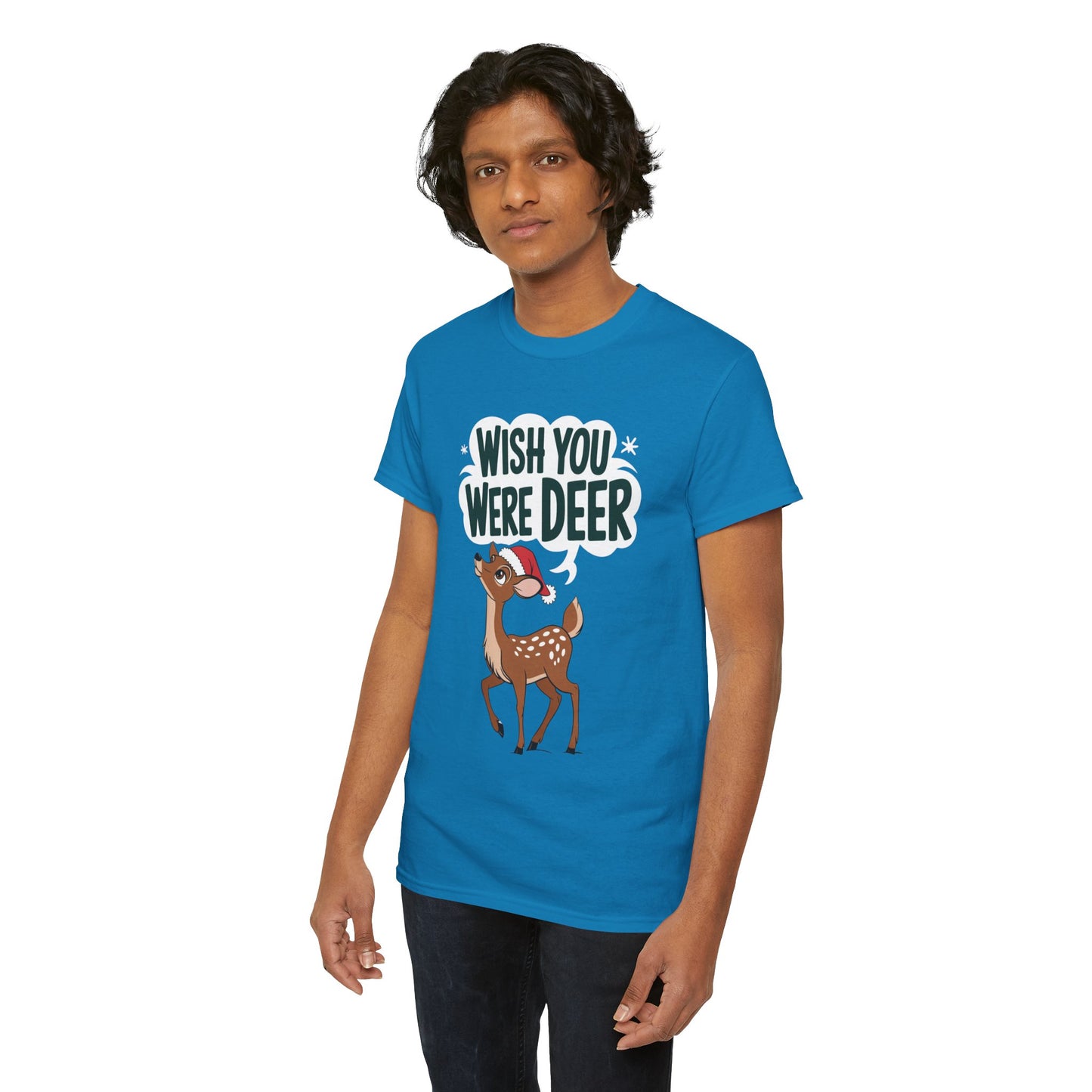 Wish You Were Deer Funny Christmas T-Shirt, Cute Reindeer Holiday Tee, Pun Christmas Shirt, Festive Santa Hat Deer Graphic Tee Gift