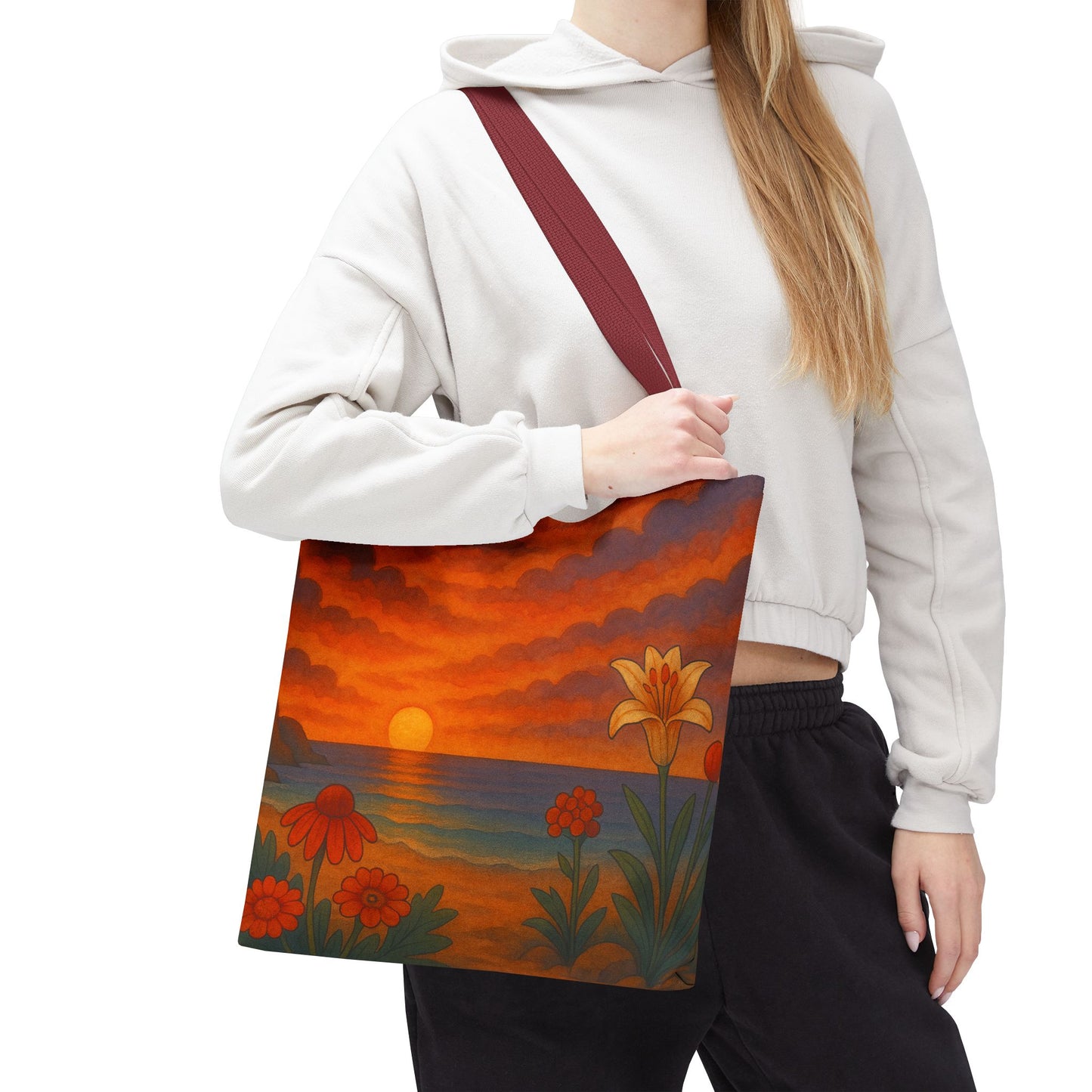 Retro Sunset Tote Bag with Wildflowers – Vibrant Floral Landscape Art, Nature-Inspired Reusable Bag, 70s Style Summer Accessory