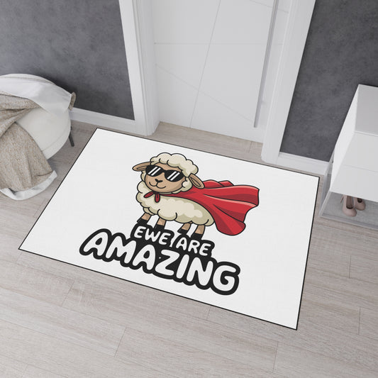 Funny Sheep Welcome Mat - “Ewe Are Amazing” Rug | Cute Farmhouse Door Mat | Superhero Animal Pun Rug | Funny Gift for Animal Lovers