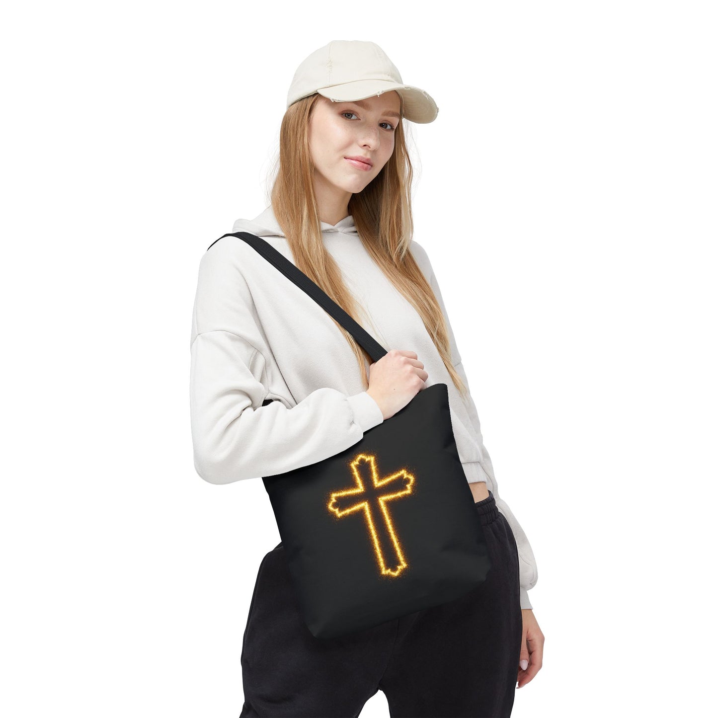 Christian Cross Tote Bag | Glowing Light Faith Bag | Inspirational Religious Gift | Black Canvas Tote | Spiritual Reusable Shopper