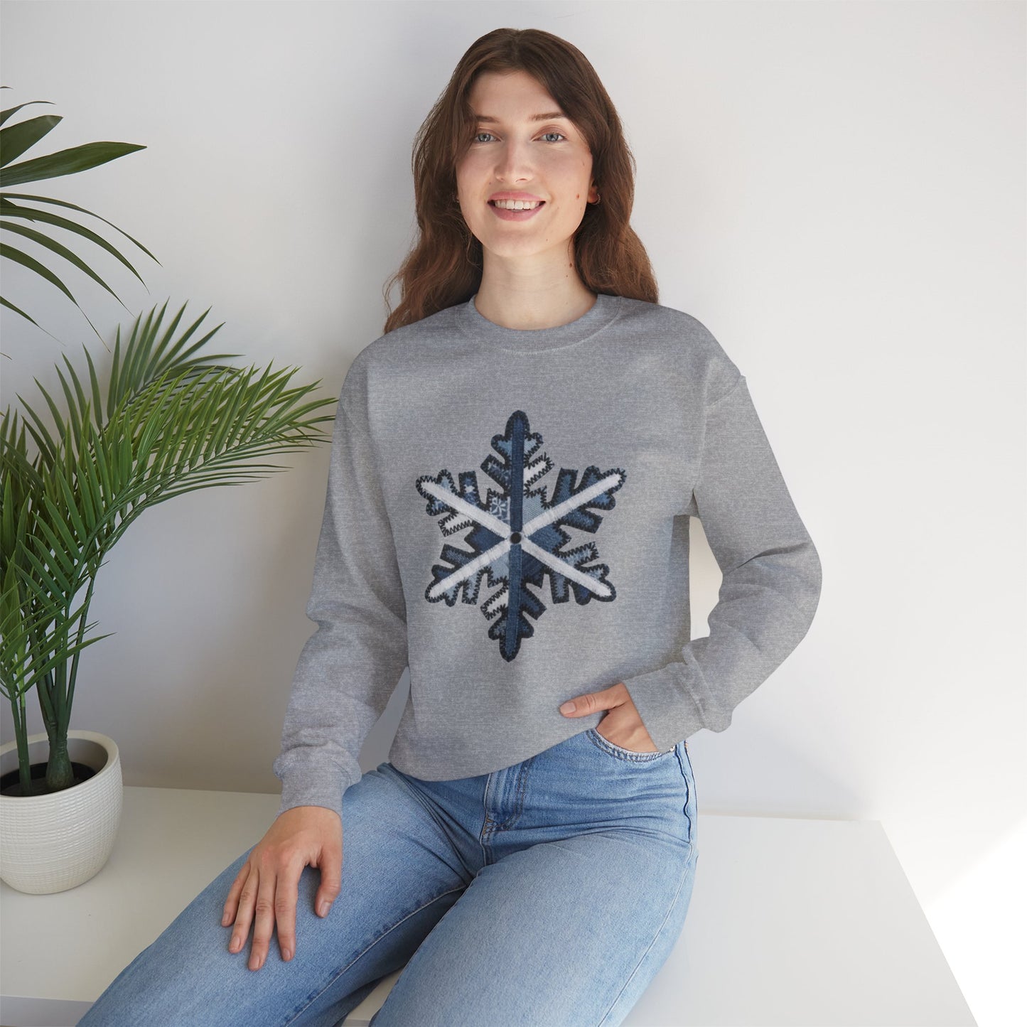 Faux Patchwork Snowflake Sweatshirt, Winter Snowflake Crewneck, Cozy Christmas Sweatshirt, Holiday Patchwork Sweater, Winter Gift