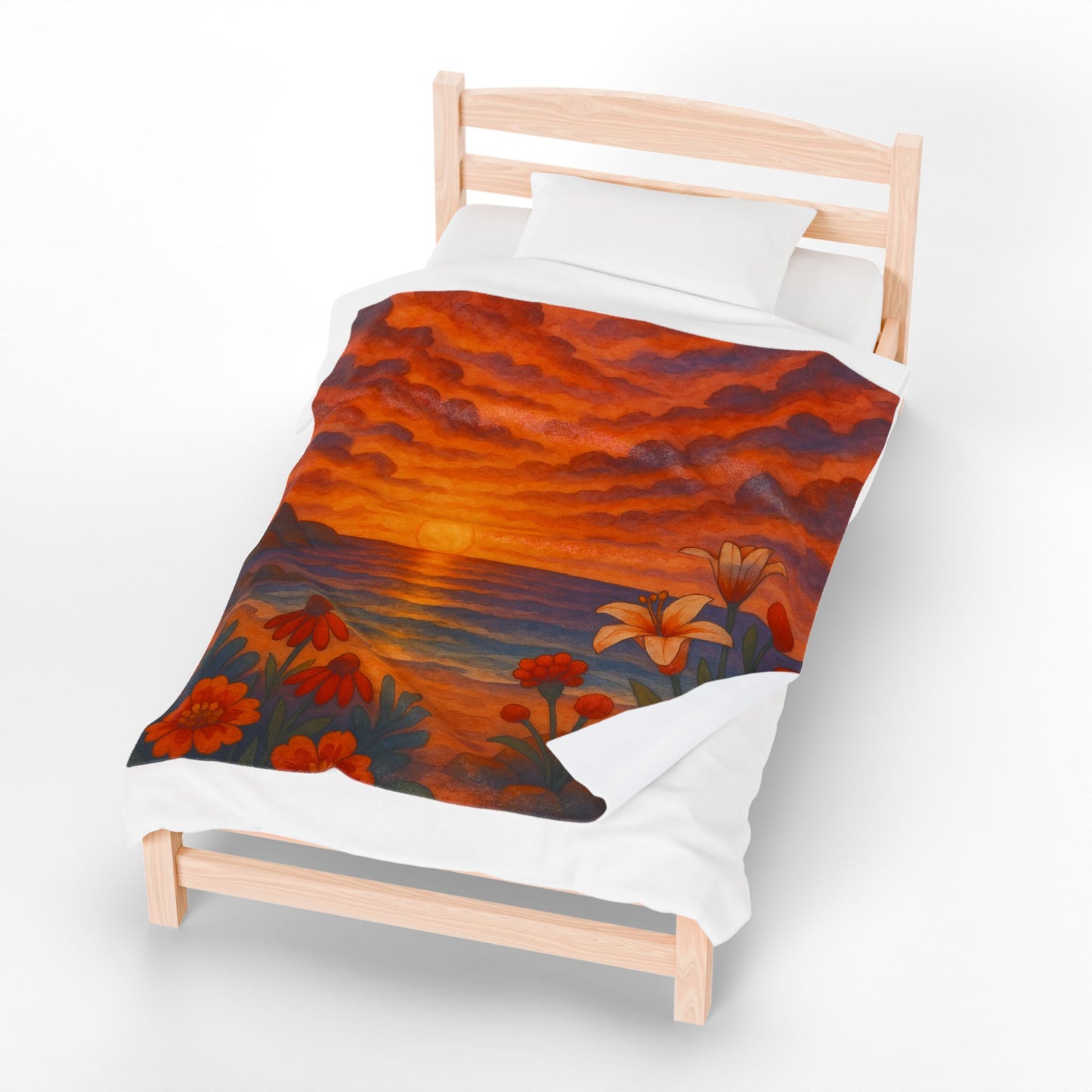 Sunset Floral Blanket – Cozy Beach Sunset Throw with Flowers | Colorful Velveteen Plush Blanket for Couch, Bed, or Gift