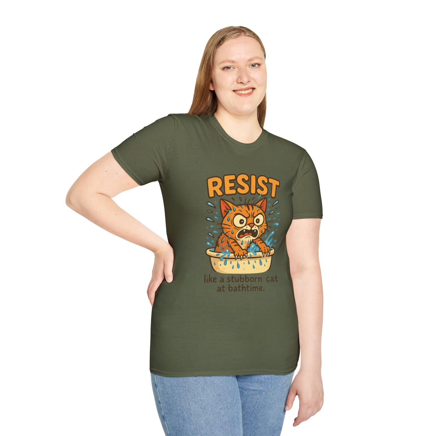 Resist Like A Stubborn Cat At Bathtime Funny Cat Lover Graphic Tee - Quirky Self Care Shirt - Gift For Pet Moms, Dads and Humor Fans