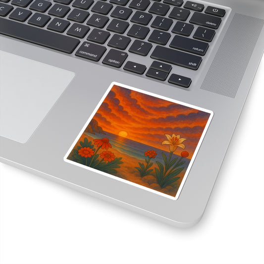Sticker: Watercolor Floral Sunset Ocean Painting Nautical Decor Sunset Decal Watercolor Beach Sticker