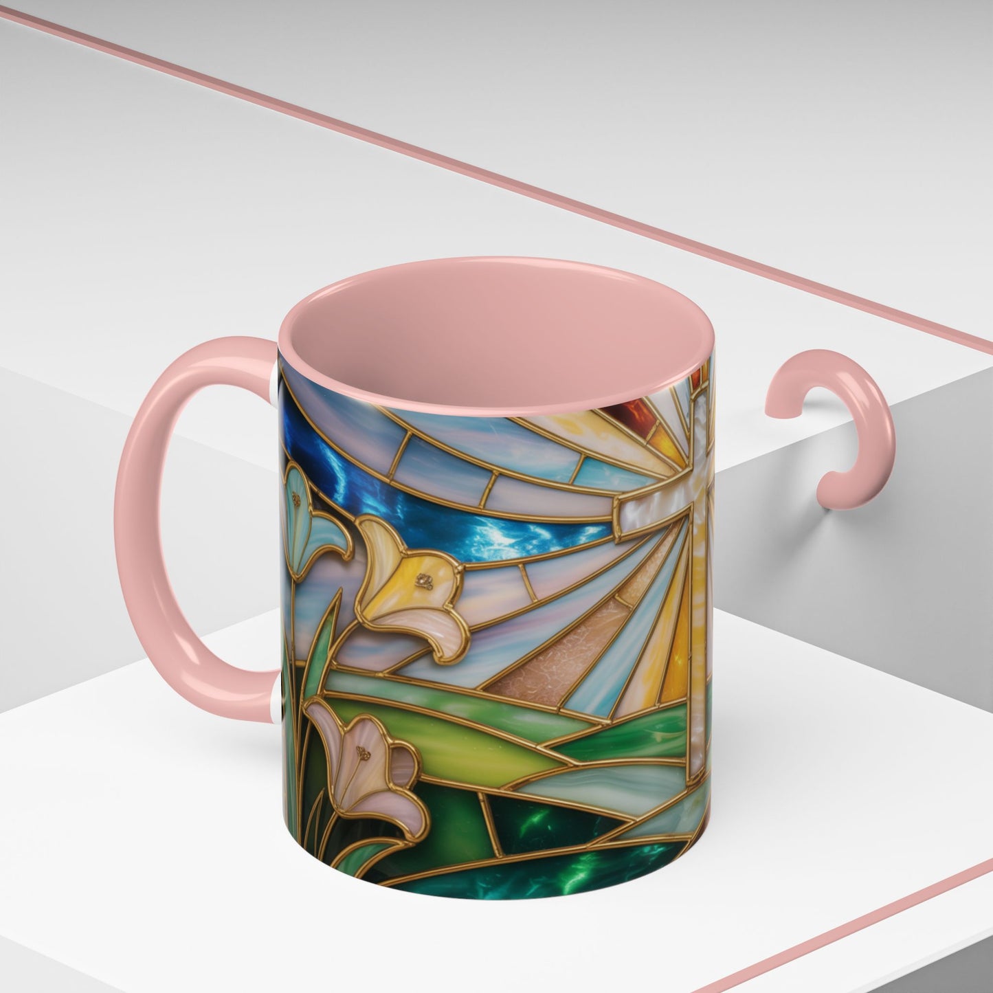 Stained Glass Cross Mug, Christian Coffee Cup, Faith Gift Mug, Religious Art Mug, Floral Church Mug, Inspirational Faith Cup, Easter Gift