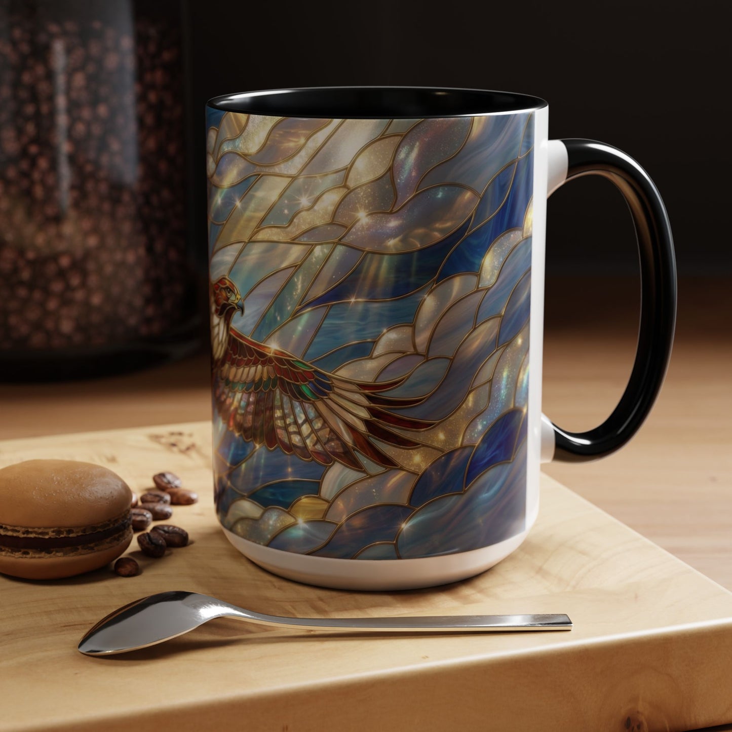 Stained Glass Hawk Mug, Soaring Bird Coffee Mug, Nature Art Hawk Cup, Bird Lover Gift, Stained Glass Style Animal Mug