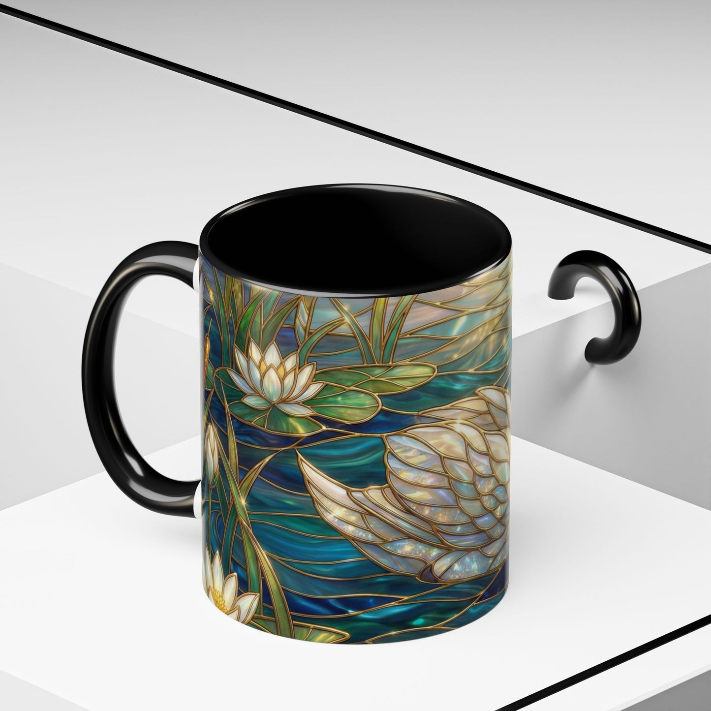 Stained Glass Swan Mug, Swan Coffee Cup, Elegant Swan Art Mug, Nature Decor Gift, Lake Swan Mug, Serene Animal Coffee Cup