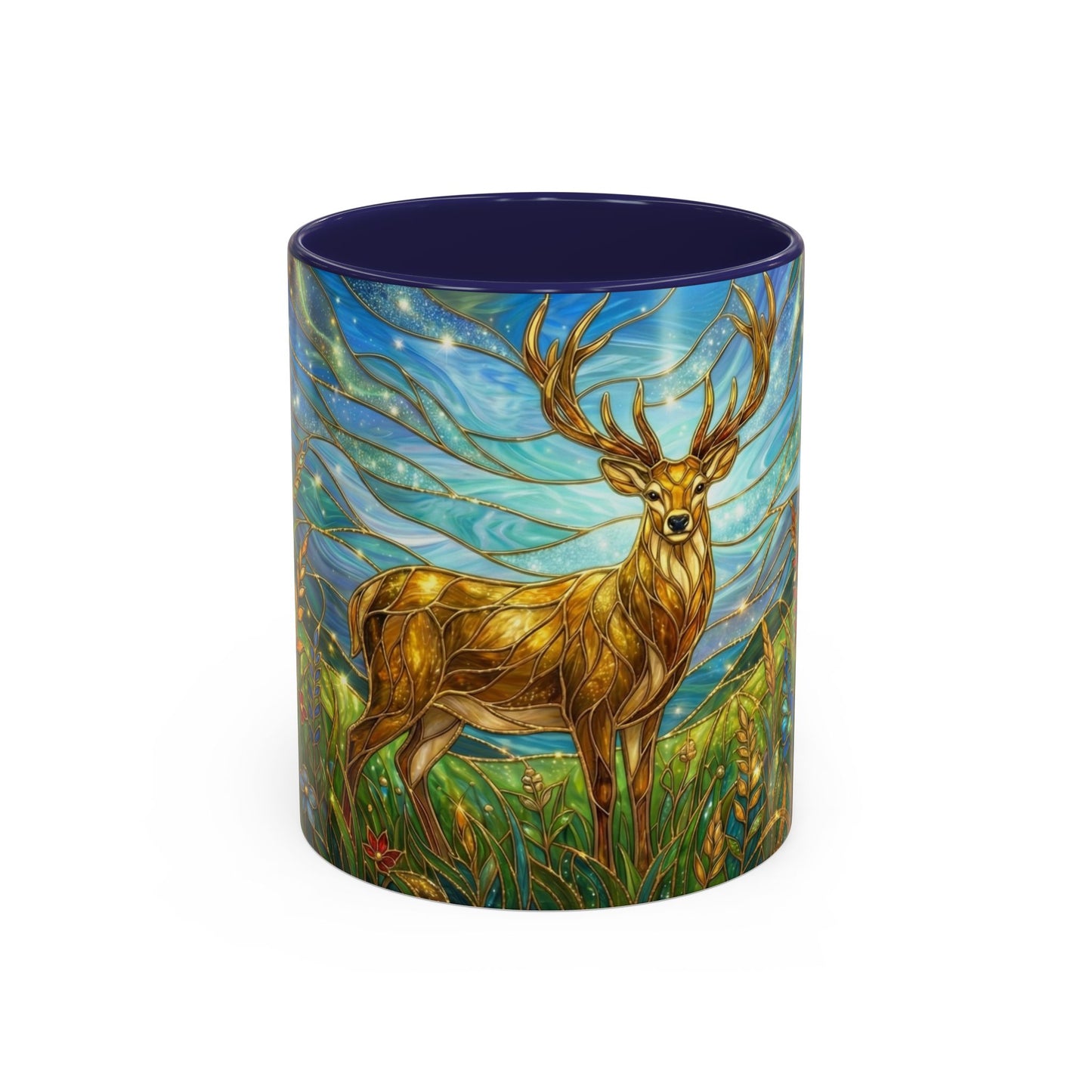 Stained Glass Deer Mug, Woodland Art Coffee Cup, Nature Forest Mug, Blue Green Gold Glass Style Mug, Gift For Nature Lovers Decor