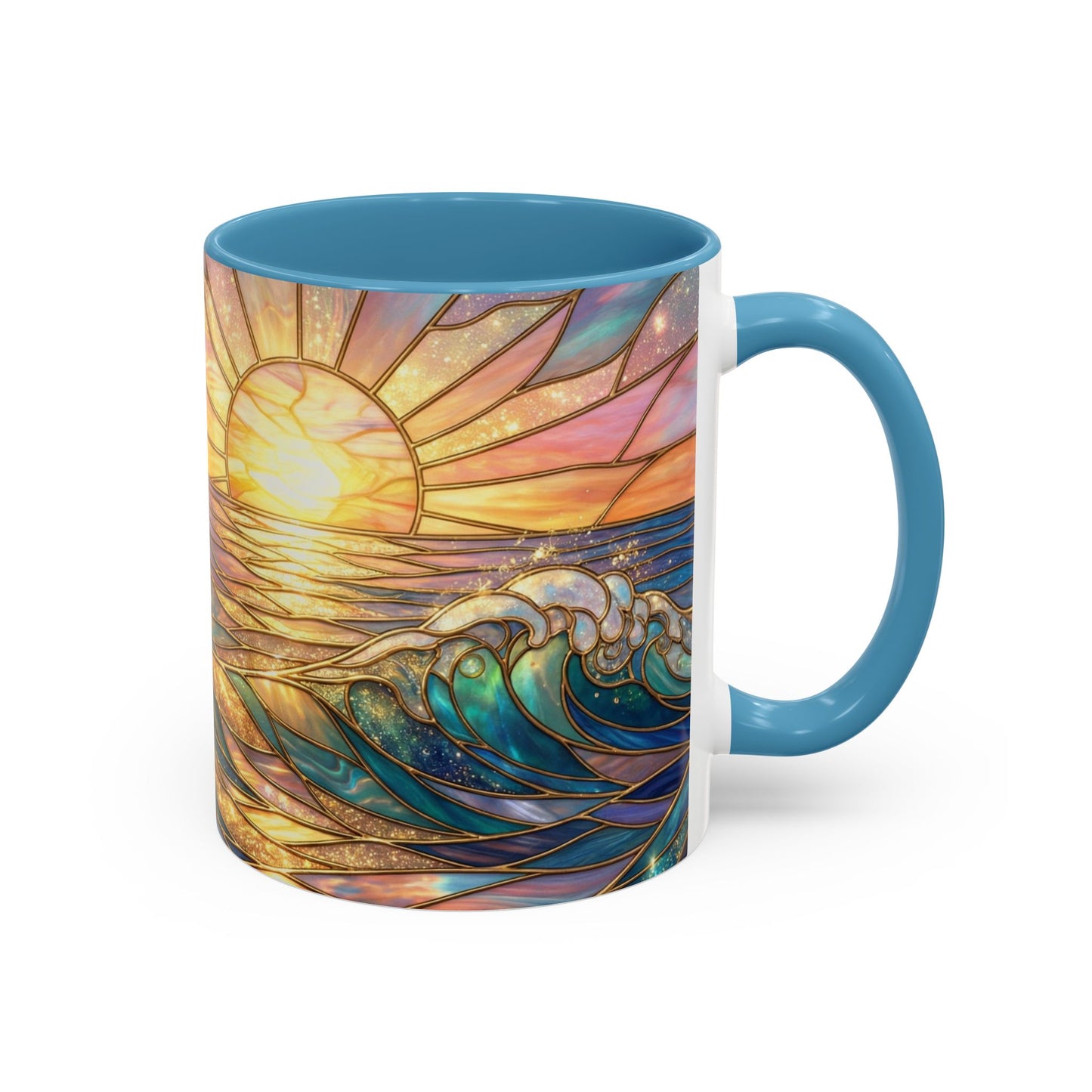 Stained Glass Ocean Wave Mug, Sunrise Beach Coffee Cup, Japanese Art Gift, Coastal Decor Kitchen, Mosaic Sea Tea Cup, Blue Gold Nature Lover