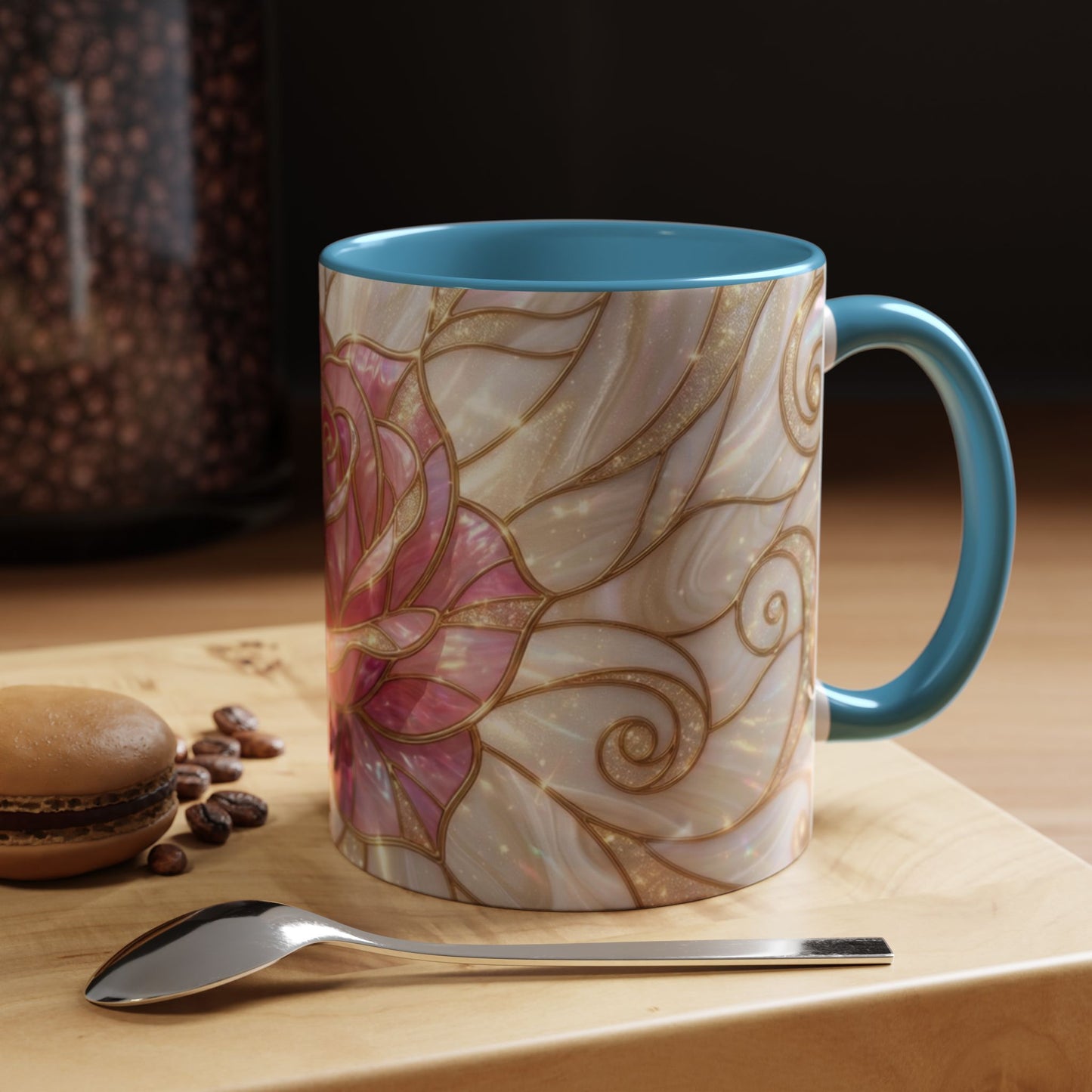 Pink Rose Stained Glass Mug, Gold Floral Coffee Cup, Romantic Flower Tea Cup, Gardener Gift For Mom, Botanical Art, Wife Birthday Gift