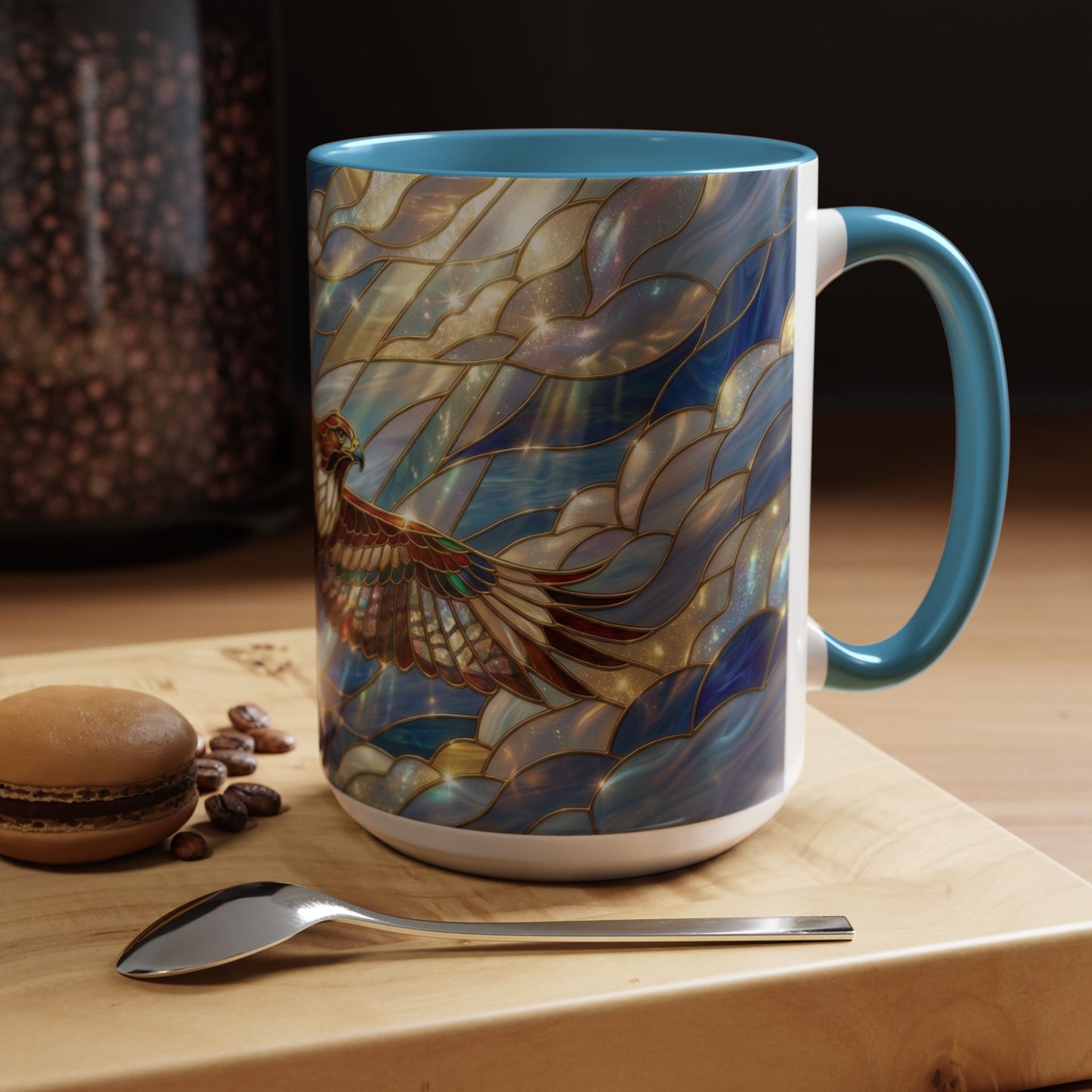 Stained Glass Hawk Mug, Soaring Bird Coffee Mug, Nature Art Hawk Cup, Bird Lover Gift, Stained Glass Style Animal Mug