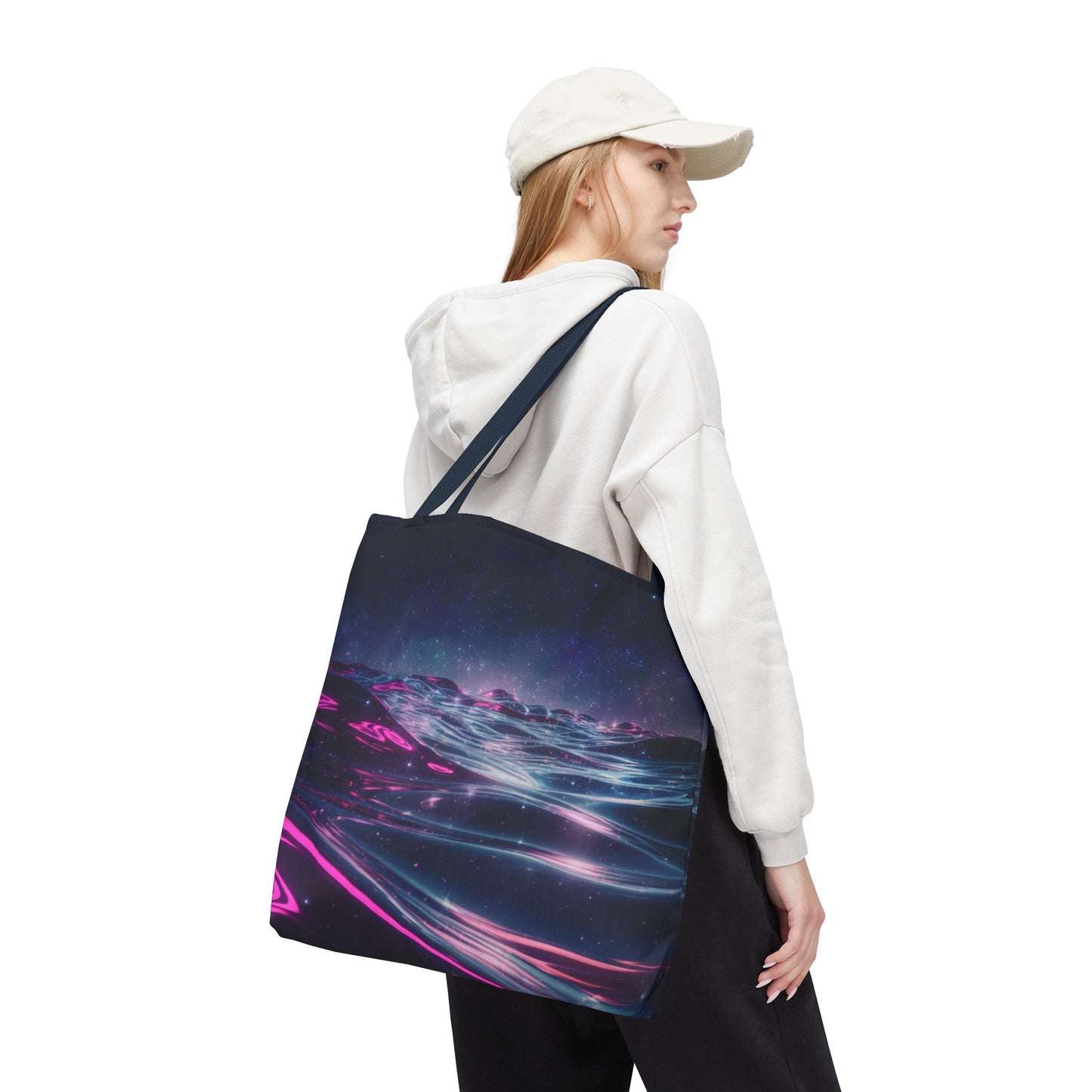 Neon Wave Horizon Tote Bag, Futuristic Ocean Design With Pink And Blue Light, Sci-Fi Aesthetic Reusable Tote For Travel, Gifts, And Everyday Use