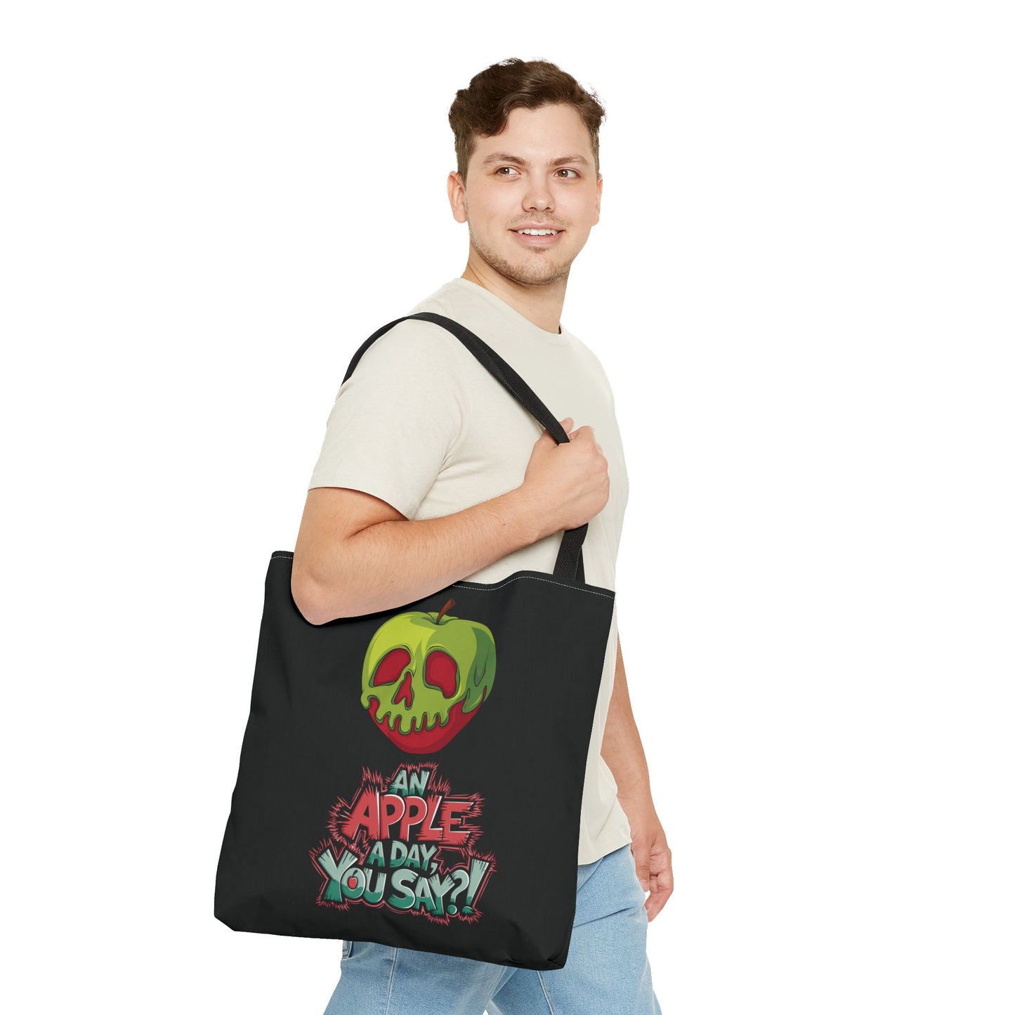 Spooky Halloween Tote Bag – Poison Apple Design – Funny Gothic Tote – Trick or Treat Bag – Creepy Apple Pun Gift – Black Tote Bag