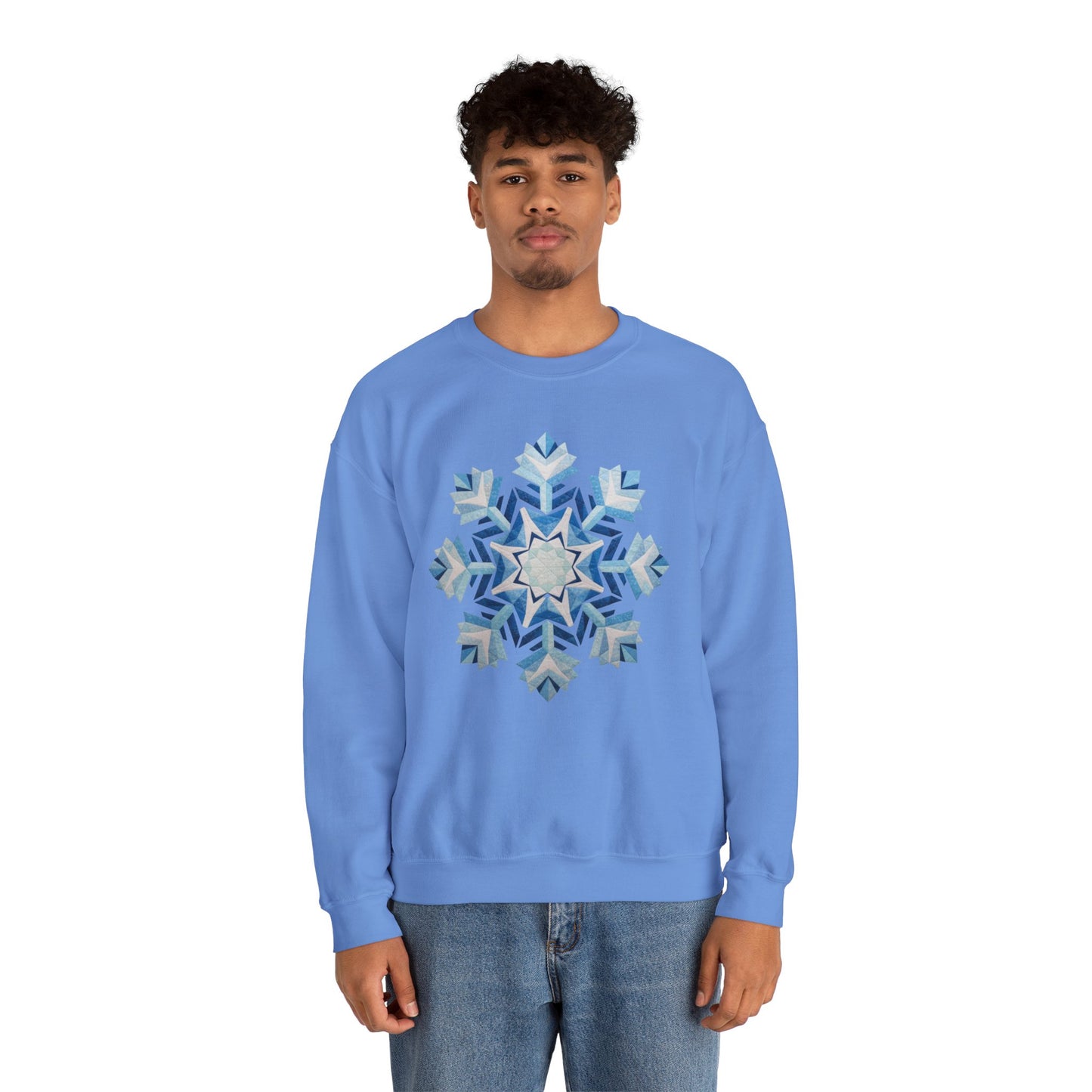 Faux Patchwork Snowflake Sweatshirt, Winter Snowflake Crewneck Unisex, Cozy Holiday Patchwork Sweatshirt, Nordic Snowflake Winter Pullover