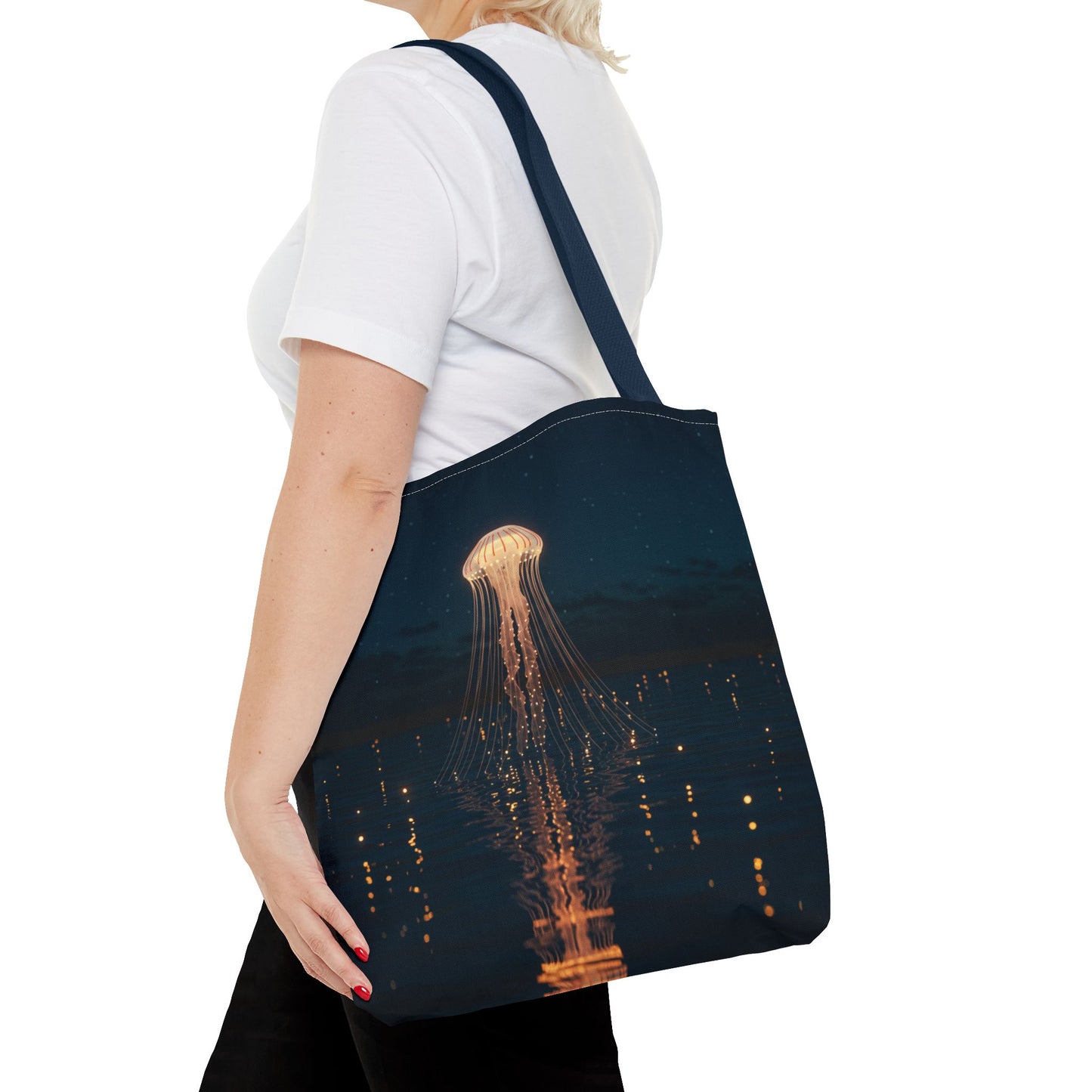 Luminous Jellyfish Tote Bag, Glow-Inspired Ocean Design Shoulder Bag, Durable Polyester Tote For Everyday Style, Gifts, And Coastal Fashion