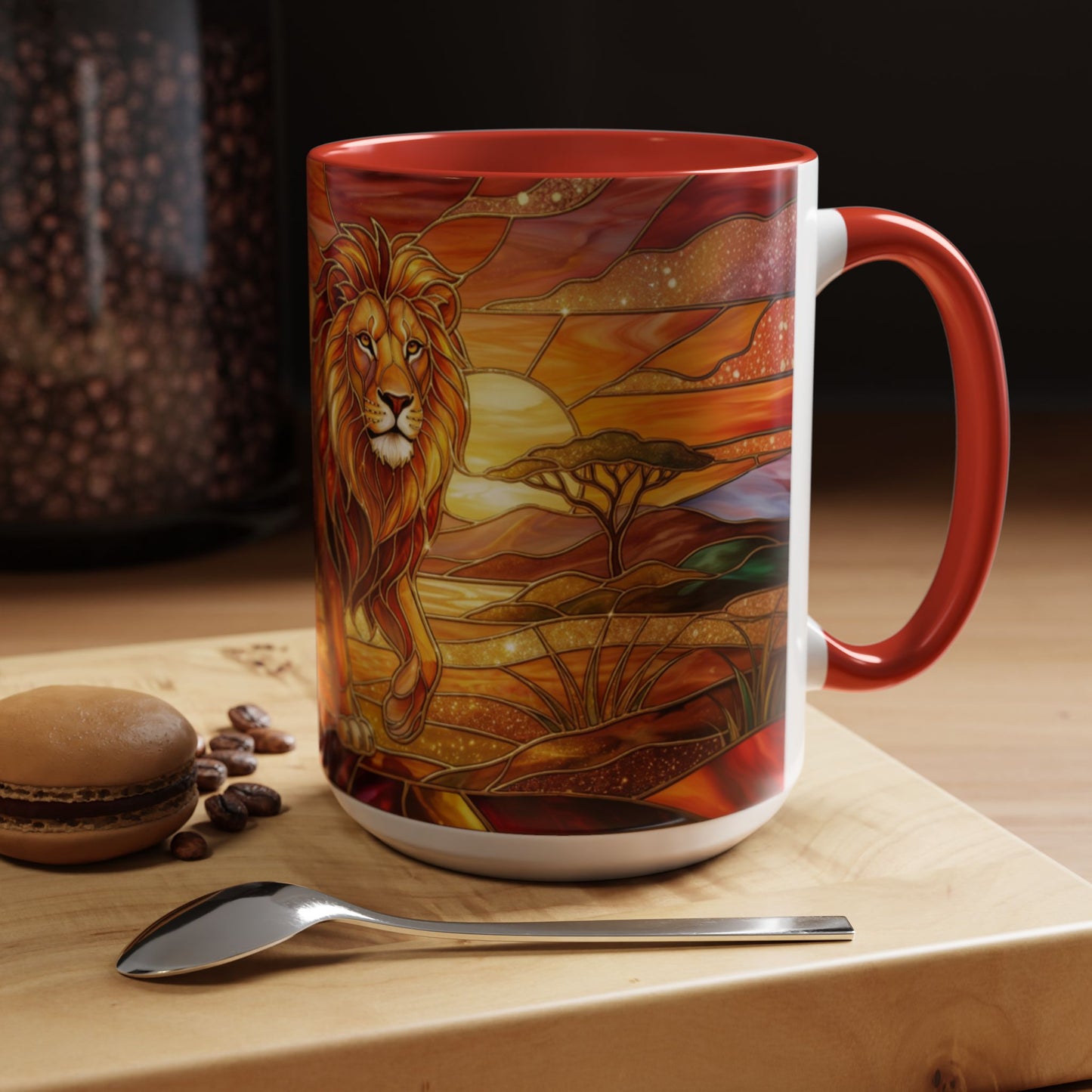 Stained Glass Lion Mug, Majestic Lion Coffee Cup, African Sunset Art Mug, Safari Wildlife Gift, Colorful Lion Lover Ceramic Mug